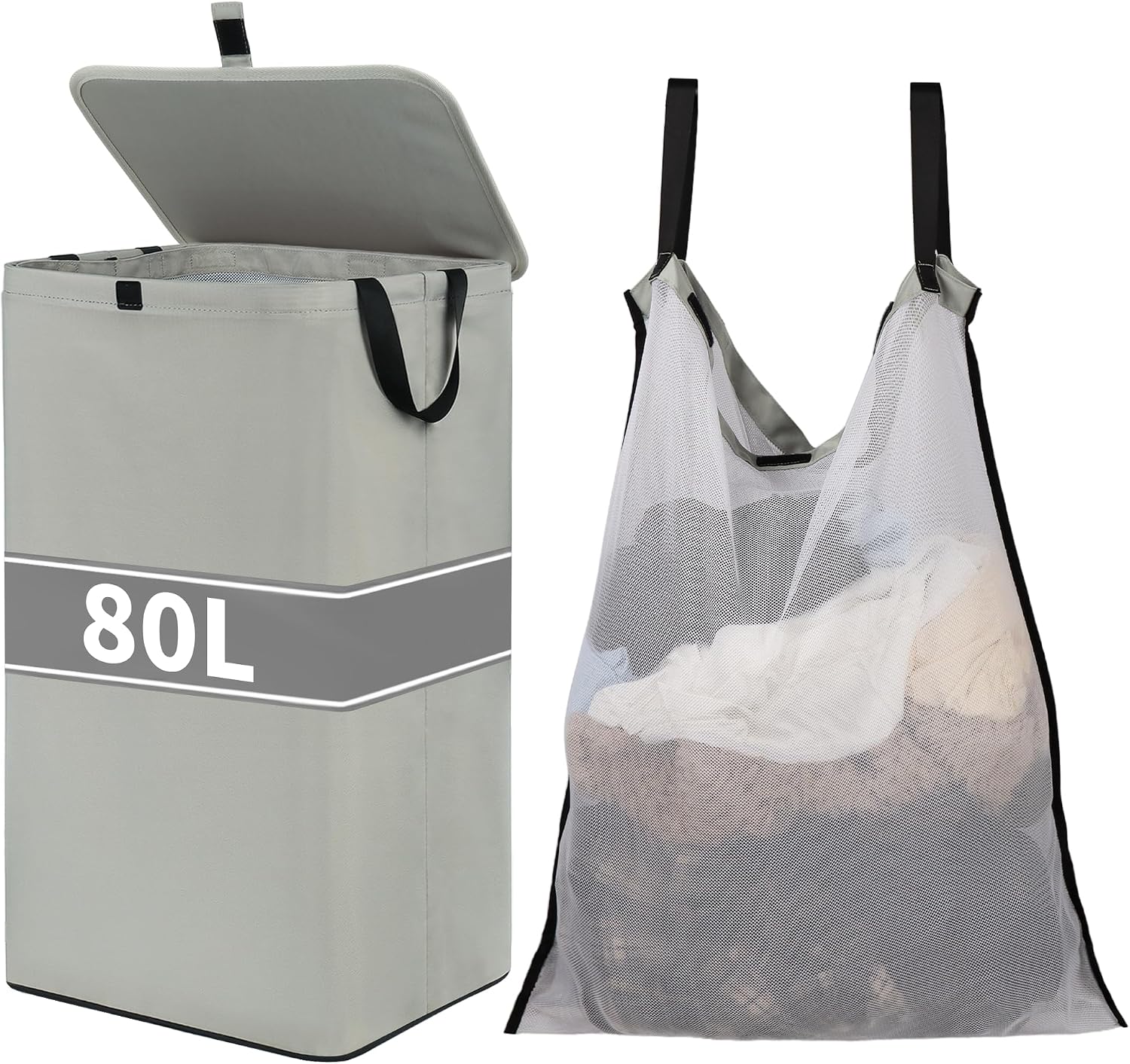 80L Large Laundry Hamper with Lid, Foldable Laundry Bag for Washing Machine with Removable Inner Bag, Dirty Hampers for Bedroom, Bathroom,Laundry Room, College (Grey)