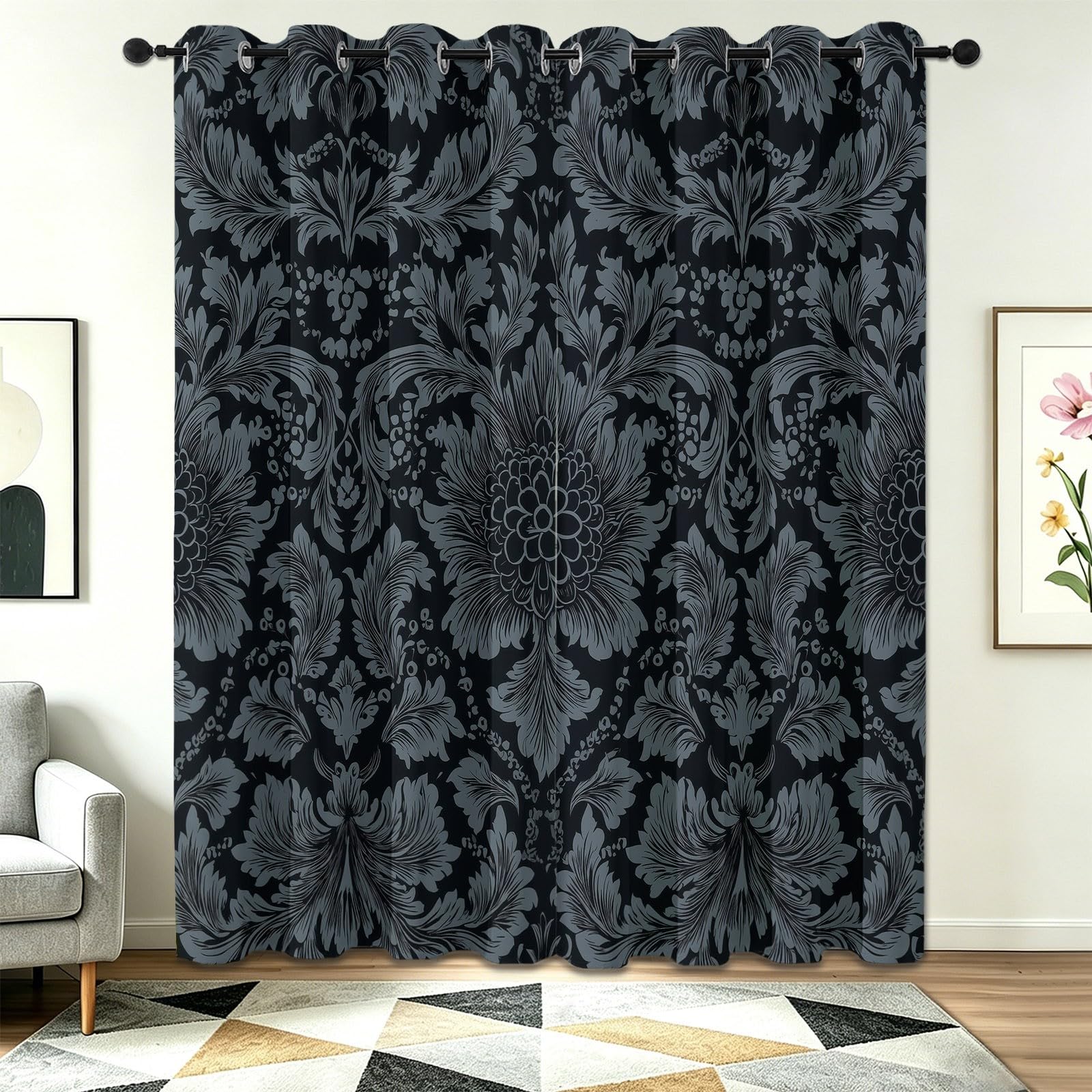Rideau motif damassé gris ancien set de 2 rideaux salon 214cm