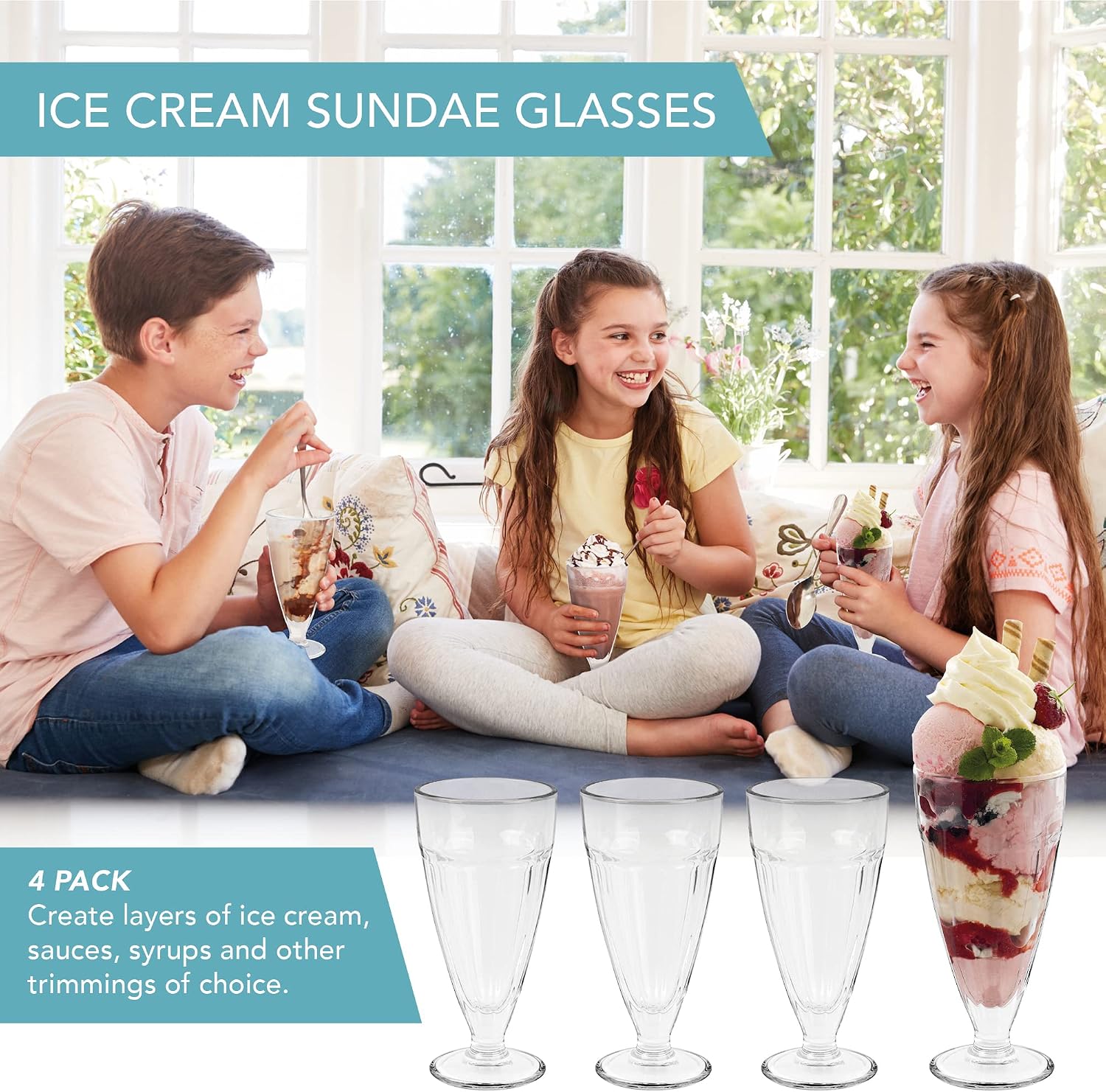 HEFTMAN Ice Cream Sundae Glasses, Set of 4 Tall 350ml Milkshake Glasses with Classic Clear Design - Image 3