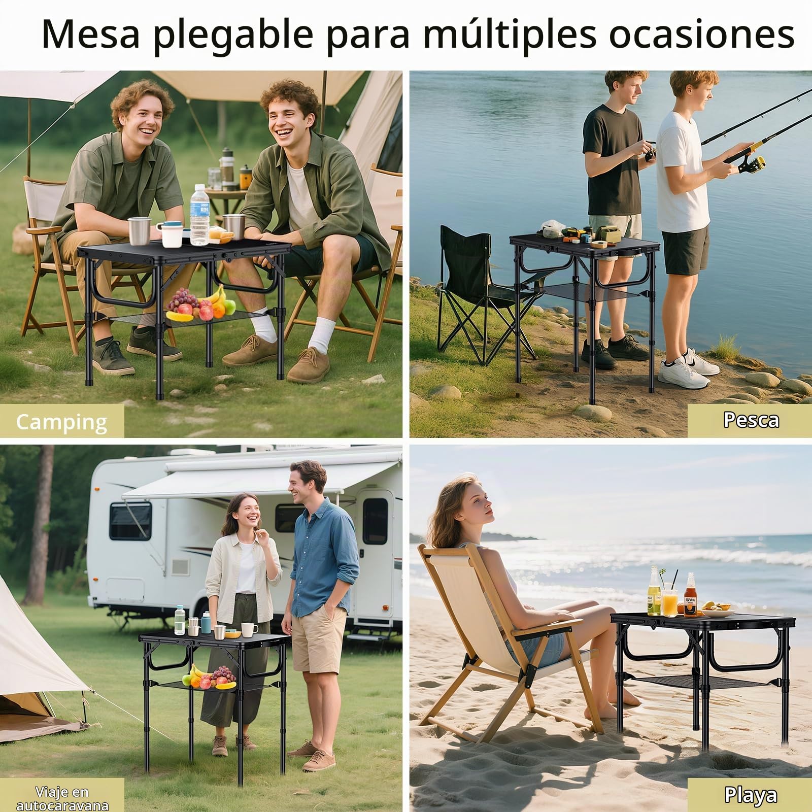 Anbte Mesa Plegable de Camping 58x40x26/48/67cm con Red de Almacenamiento | Mesa Plegable Aluminio de 3 Alturas Ajustables, Ligera y Portátil, para Camping, Pesca, Picnic, Playa,Exterior,Negro