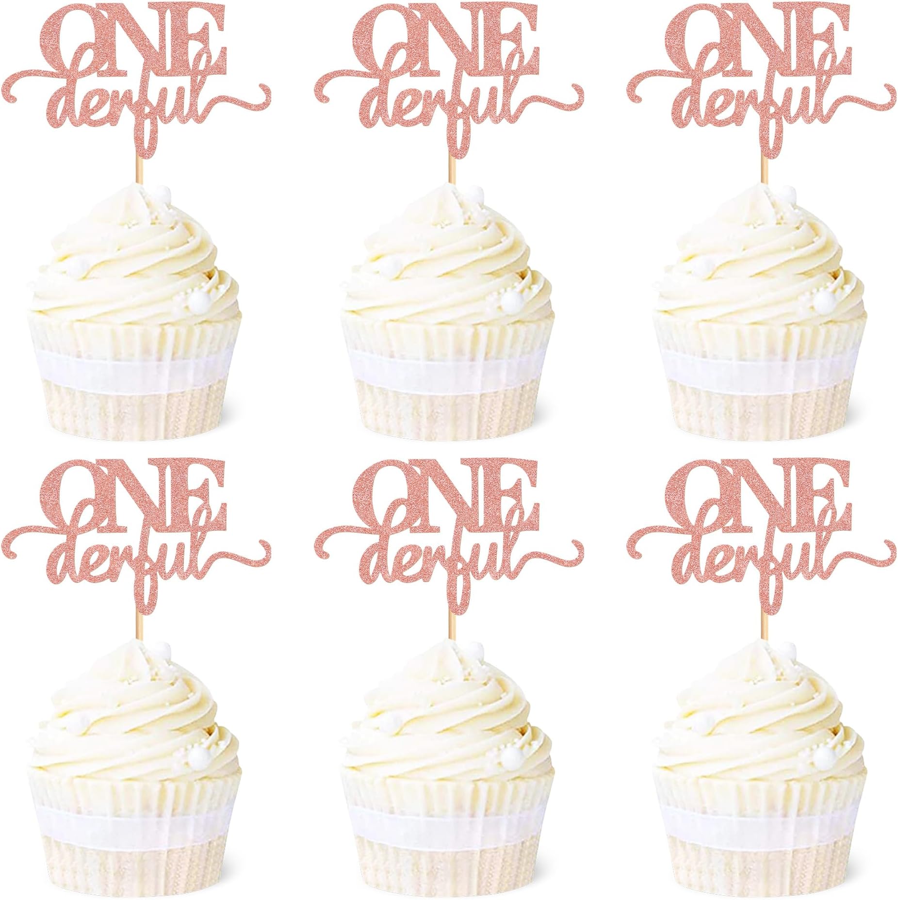 Ercadio 24 Pack Onederful Cupcake Toppers Rose Gold Glitter Onederful Cupcake Picks Onederful Cupcake Decorations for Baby Shower Kids first Birthday Theme Party Cake Decoration Supplies