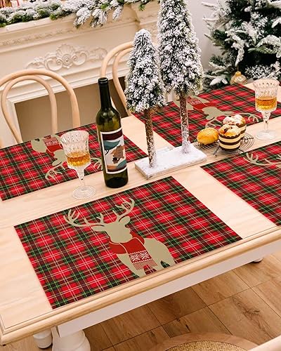 Miniatura 6 de Juego de 4 manteles individuales de alce de Navidad para mesa de comedor, diseño de reno de Navidad, negro, rojo, búfalo, a cuadros, duraderos,