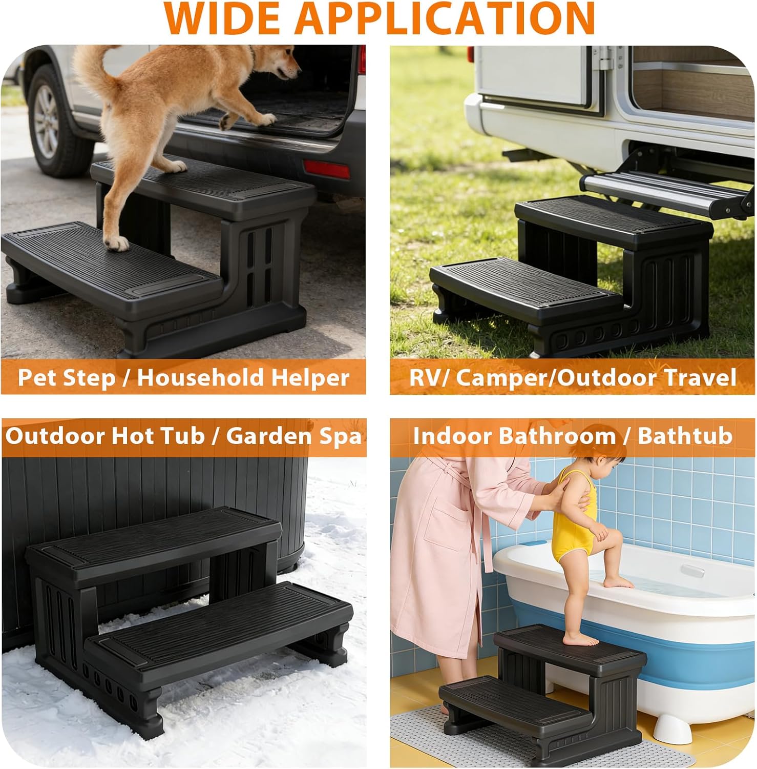 Heavy-Duty Resin Hot Tub Steps – 500 lbs Load Capacity, Non-Slip Portable 2-Step Design, Tool-Free Assembly, Versatile for Hot Tub, Spa, Pool, Patio, Porch, RV, Black.