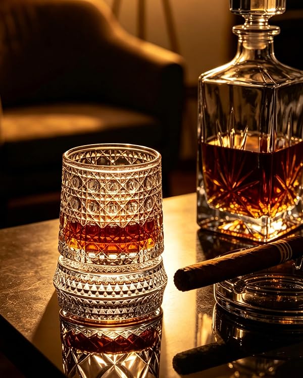 CEEFU Old Fashioned Whiskey Glasses with 360° Rotating Base, Set of 2 (2 Crystal Glasses Set, 2 Big Ice Ball Molds) In Gift Box - Bourbon, Cocktail, Rocks, Bday Gifts Ideas for Men, Gem Pattern by CEEFU - Image 3