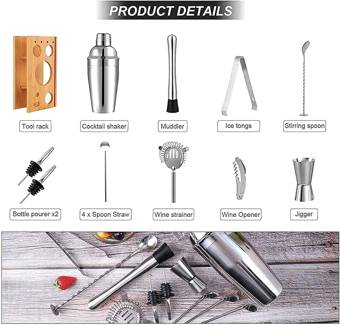 Set de Coctelera de Acero Inoxidable 14 Piezas con Soporte de Madera 750ml miniatura 3