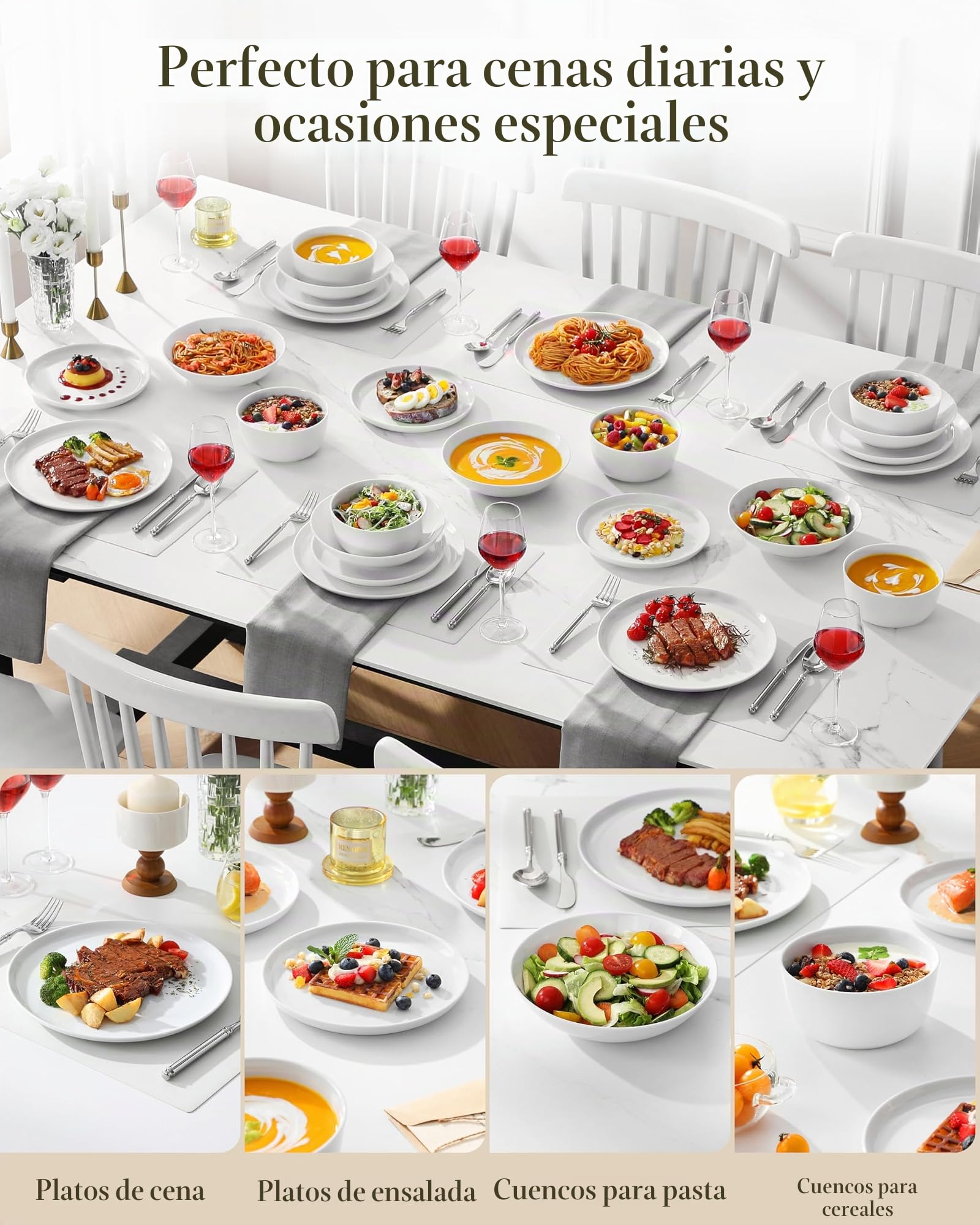 MALACASA Juego de Vajilla de Porcelana para 6 Personas, 24 Piezas Vajillas Completas Modernas con Platos, Llanos, Cuencos, Blanco - Serie LEXI