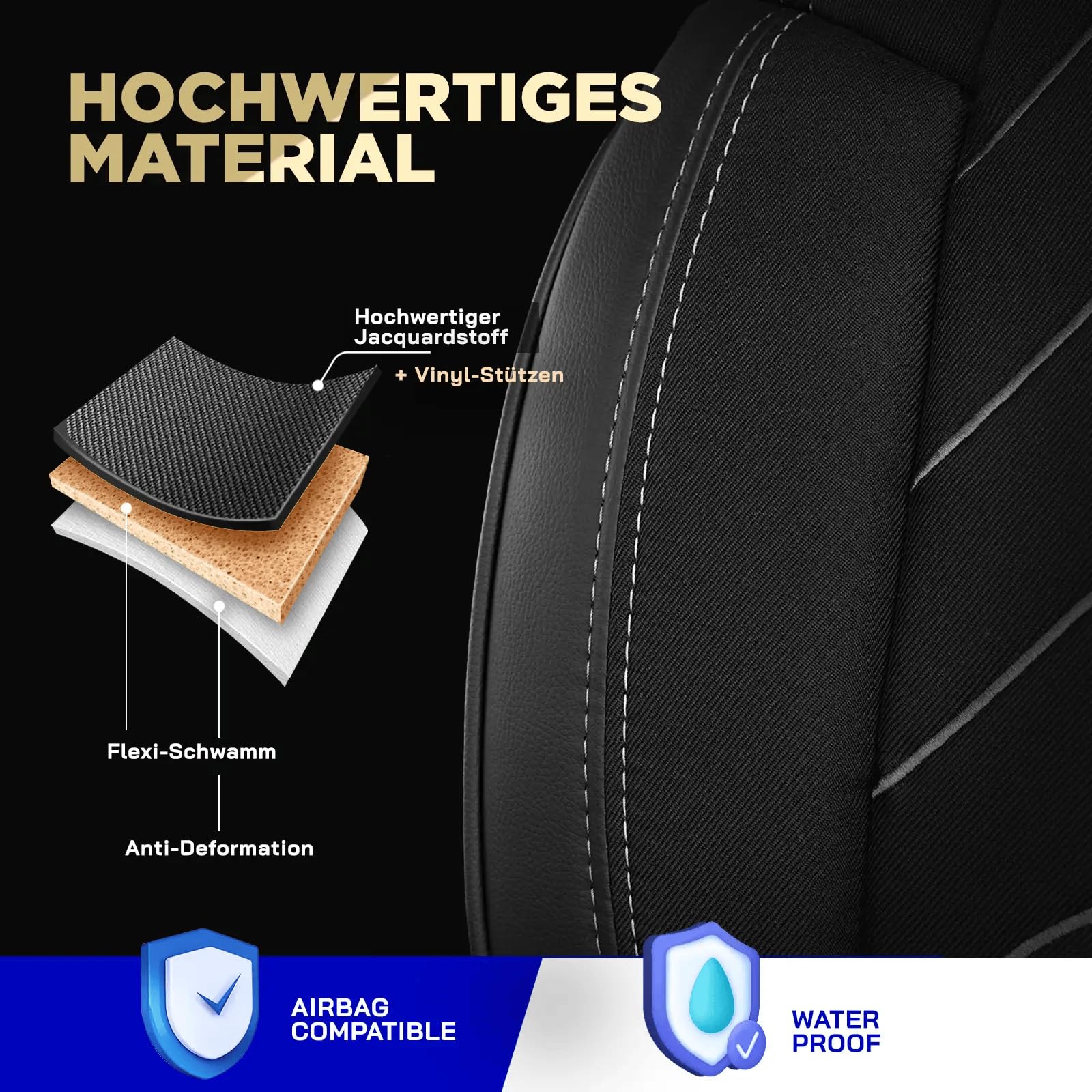 Autositzbezüge 2+1 für Renault Master 2011-2023, Opel Movano 2011-2021, Nissan NV400 2011-2021 - Leinen/Schwarz-Grau - Vordersitz-Set (rechter Beifahrersitz geteilt)