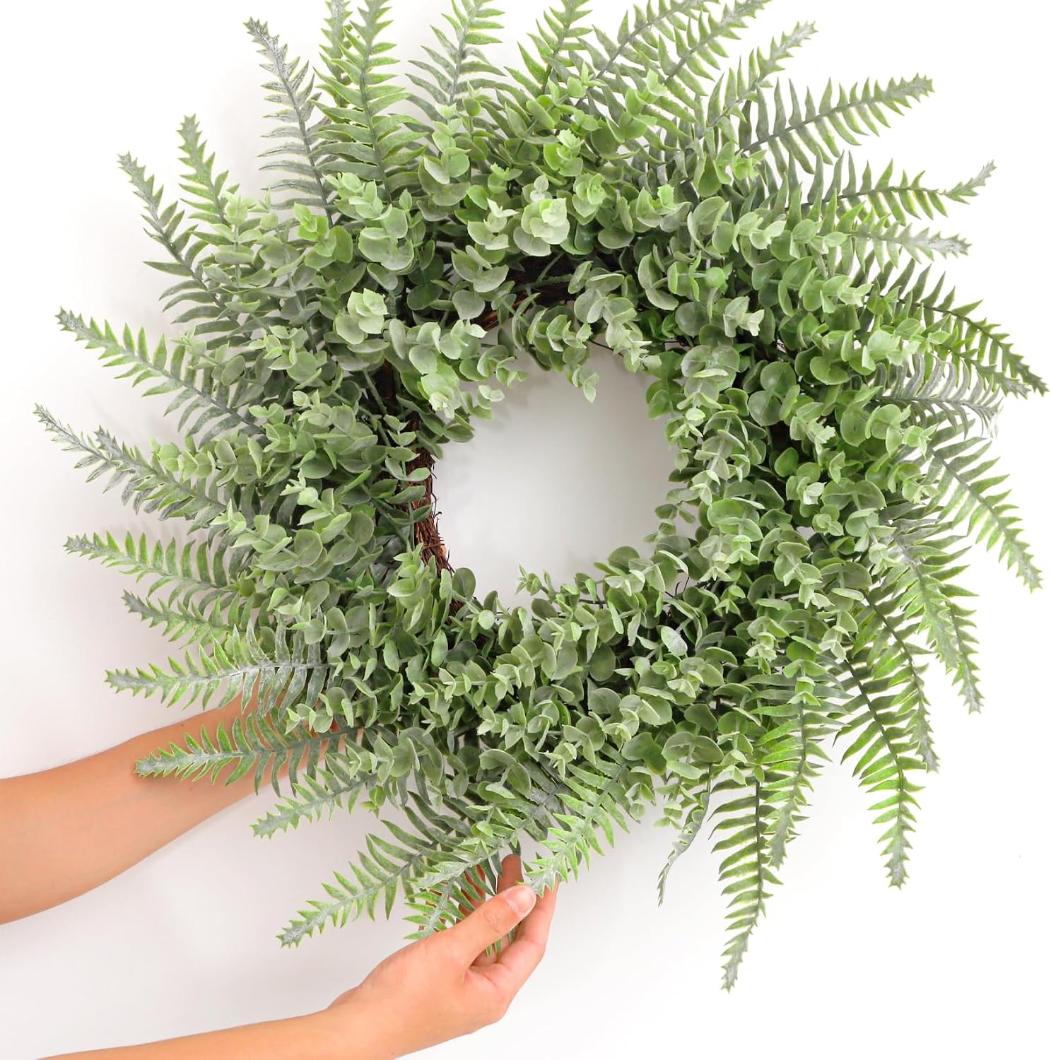 26'' Large Eucalyptus and Boston Ferns Wreath for Front Door - Artificial Eucalyptus Leaves Greenery Outdoor Wreath for Wedding Farmhouse Porch Wall Room Home Decor (Gray-Green)