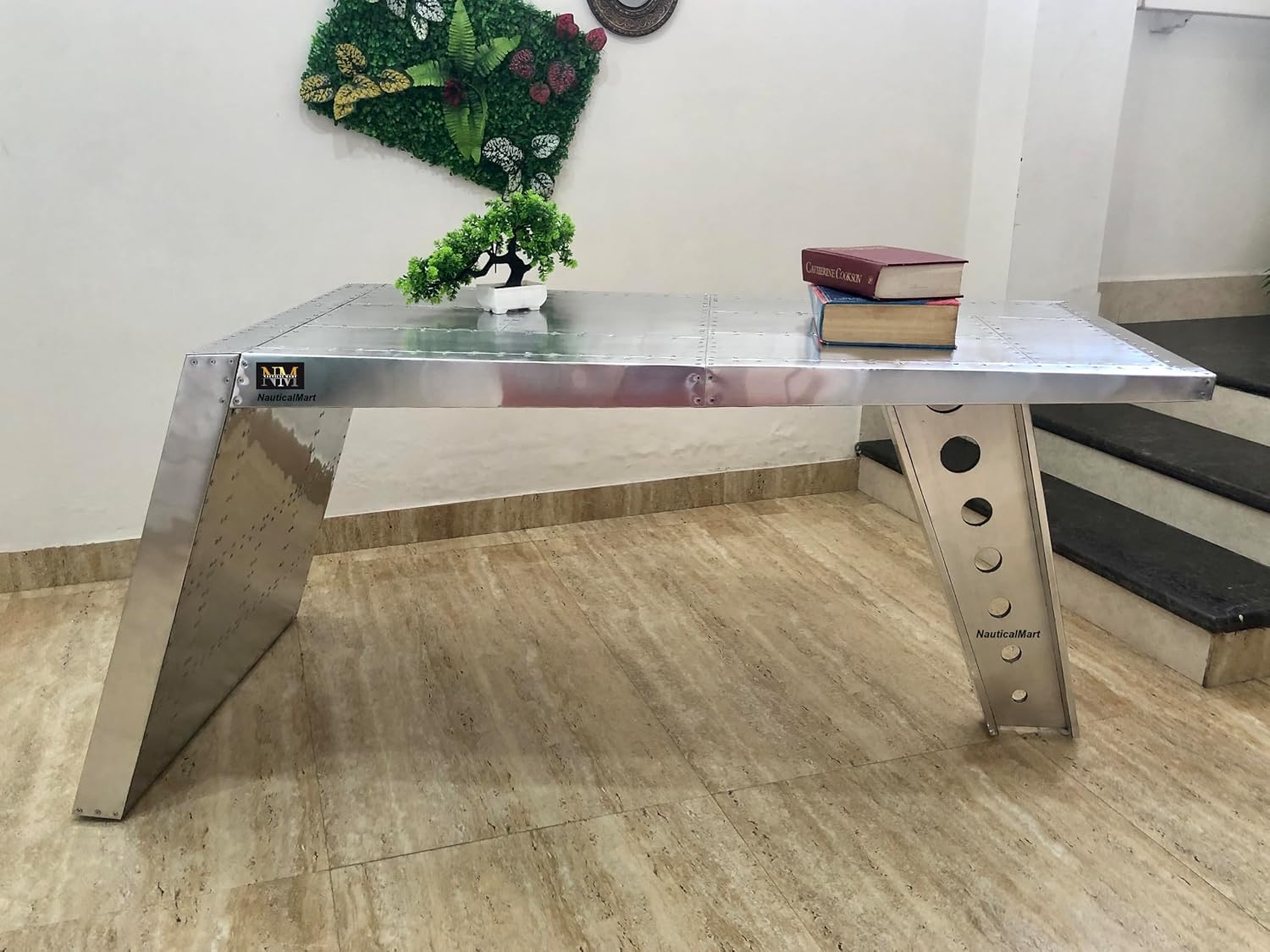 NauticalMart Airfoil Desk Aluminum | Aviator Wing Desk Industrial Airplane Desk Furniture Silver Aviation Furniture