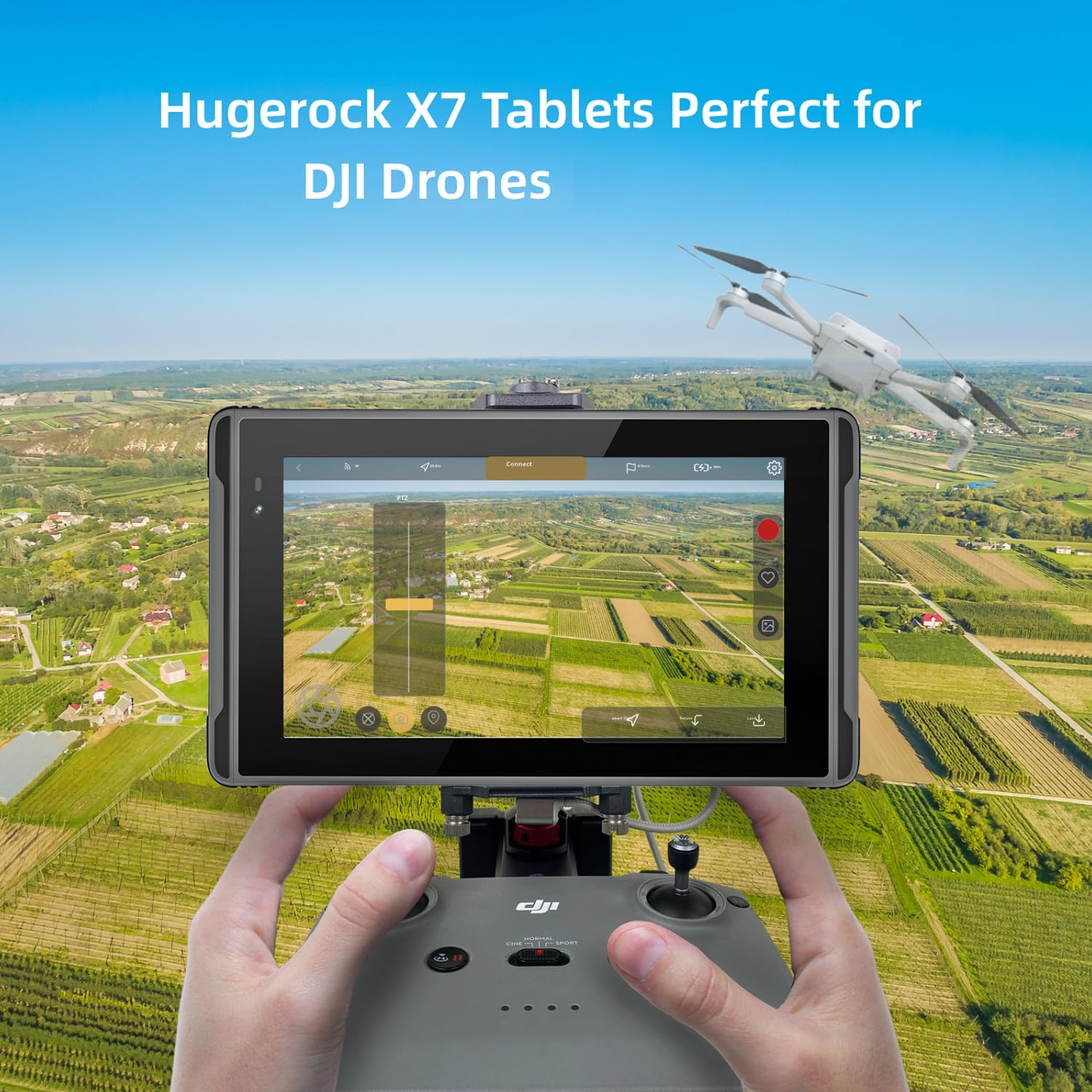 HUGEROCK X7 tablet mounted on a drone controller, showing a drone's view of a landscape.