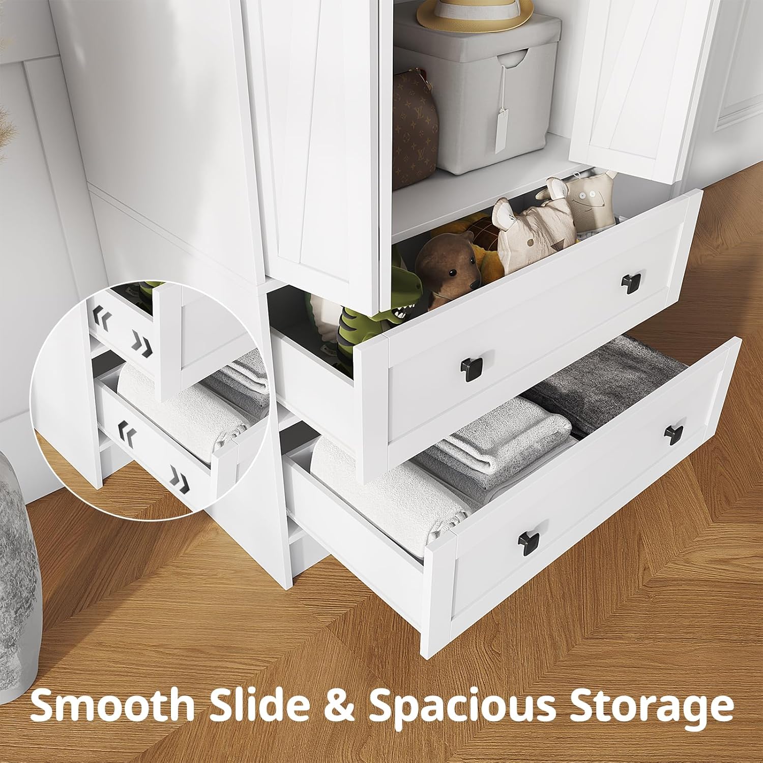 Maupvit Farmhouse Armoire with 2 Folding Sliding Barn Doors and Drawers 70.9" Tall Wooden Bedroom Wardrobe Closet with Spacious Storage Cabinet with Hanging Rod for Bedroom, White