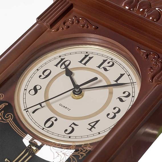 Quickway Imports Vintage Grandfather Wood- Looking Plastic Pendulum Wall Clock for Living Room, Kitchen, or Dining Room, Brown