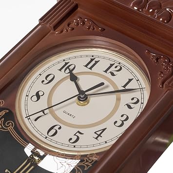 Quickway Imports Vintage Grandfather Wood- Looking Plastic Pendulum Wall Clock for Living Room, Kitchen, or Dining Room, Brown