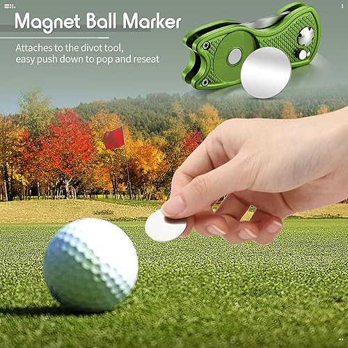 Miniatura 41 de Skylety 4 piezas de golf Divot herramienta de reparación con botón magnético marcador de bola Divot herramienta de acero inoxidable plegable Rojo