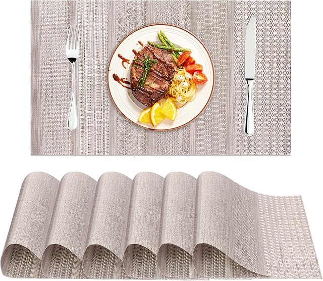 WWW Placemats Set of 6, Washable Table Placemats, PVC Heat Resistant Dinner Table Placemat Washable Table Place Mats for Kitchen for Home Kitchen Hotel Wedding Party Grey 6 PCS