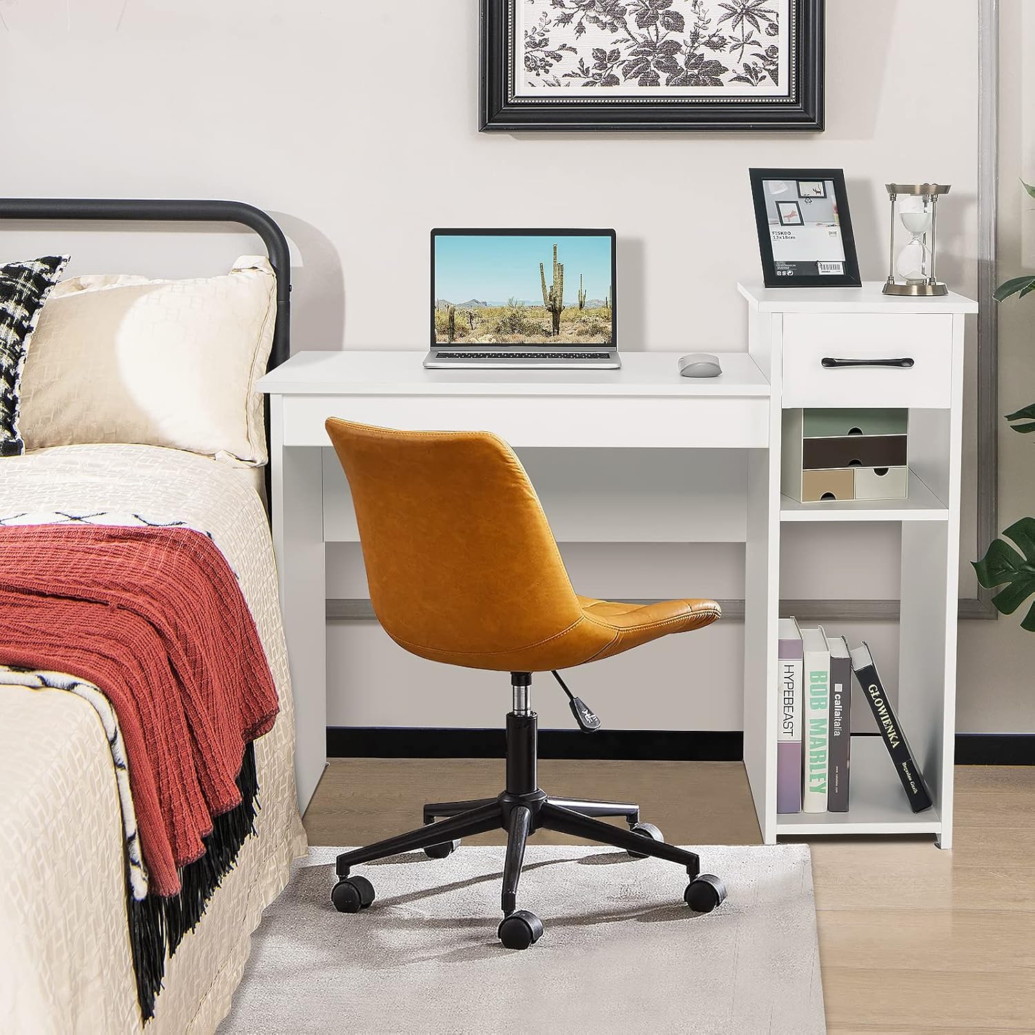 COSTWAY Computer Desk, 40 inch Laptop PC Gaming Table with Drawer, Monitor Stand & Storage Shelf, Modern Simple Study Writing Table for Home & Office, Easy Assembly, White