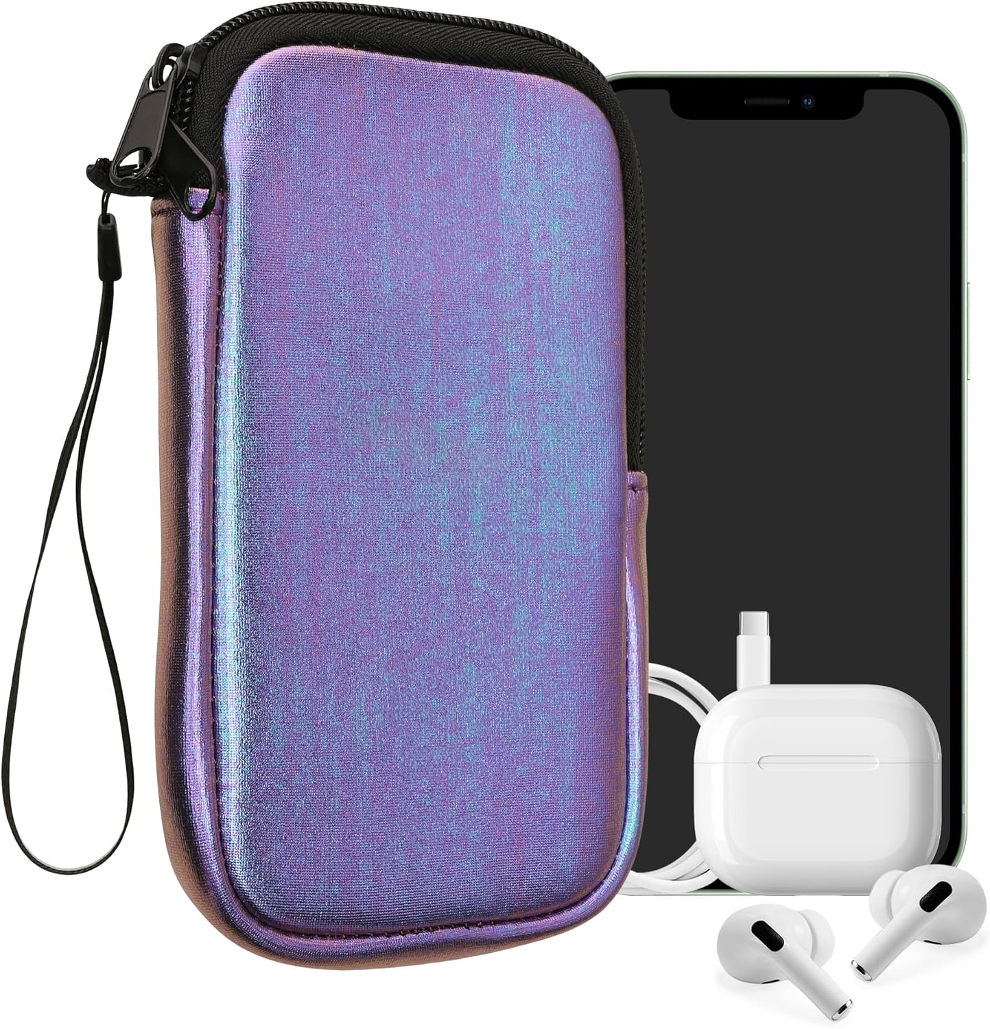kwmobile Neoprene Phone Pouch Size L – 6.5″ – Universal Cell Sleeve Mobile Bag with Zipper, Wrist Strap – Metallic Lavender