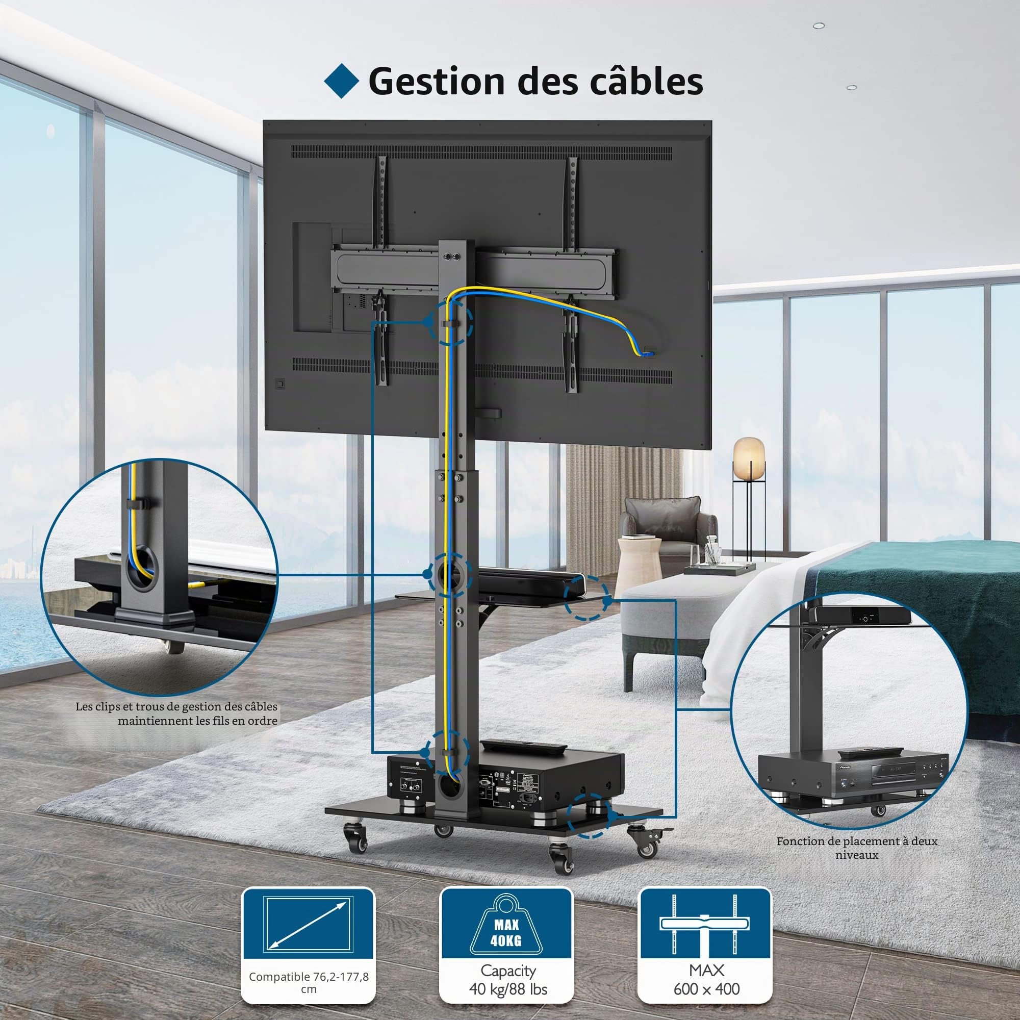 BONTEC Support TV roulettes Support Tele Mobile pour Téléviseurs Plasma/LCD/LED de 30 à 70 Pouces jusqu'à 40 kg, 6 réglages de Hauteur avec étagères en Verre trempé à 2 Niveaux, Max VESA 600x400 mm