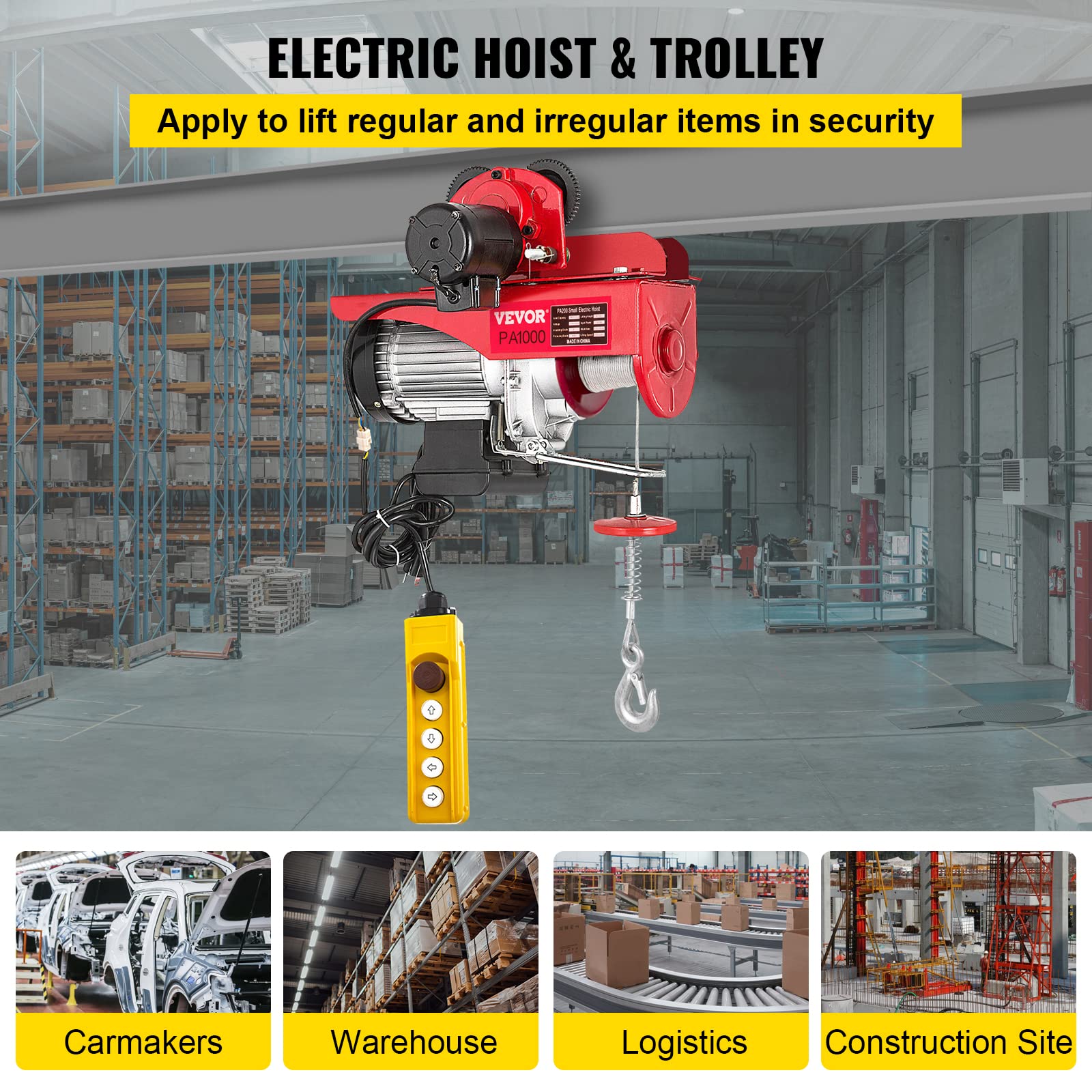 VEVOR Sollevamento Paranco Elettrico a Fune con Carrello 1000kg 220V, Paranco Elettrico Colore Rosso Altezza di Elevazione 3 m / 10 Piedi