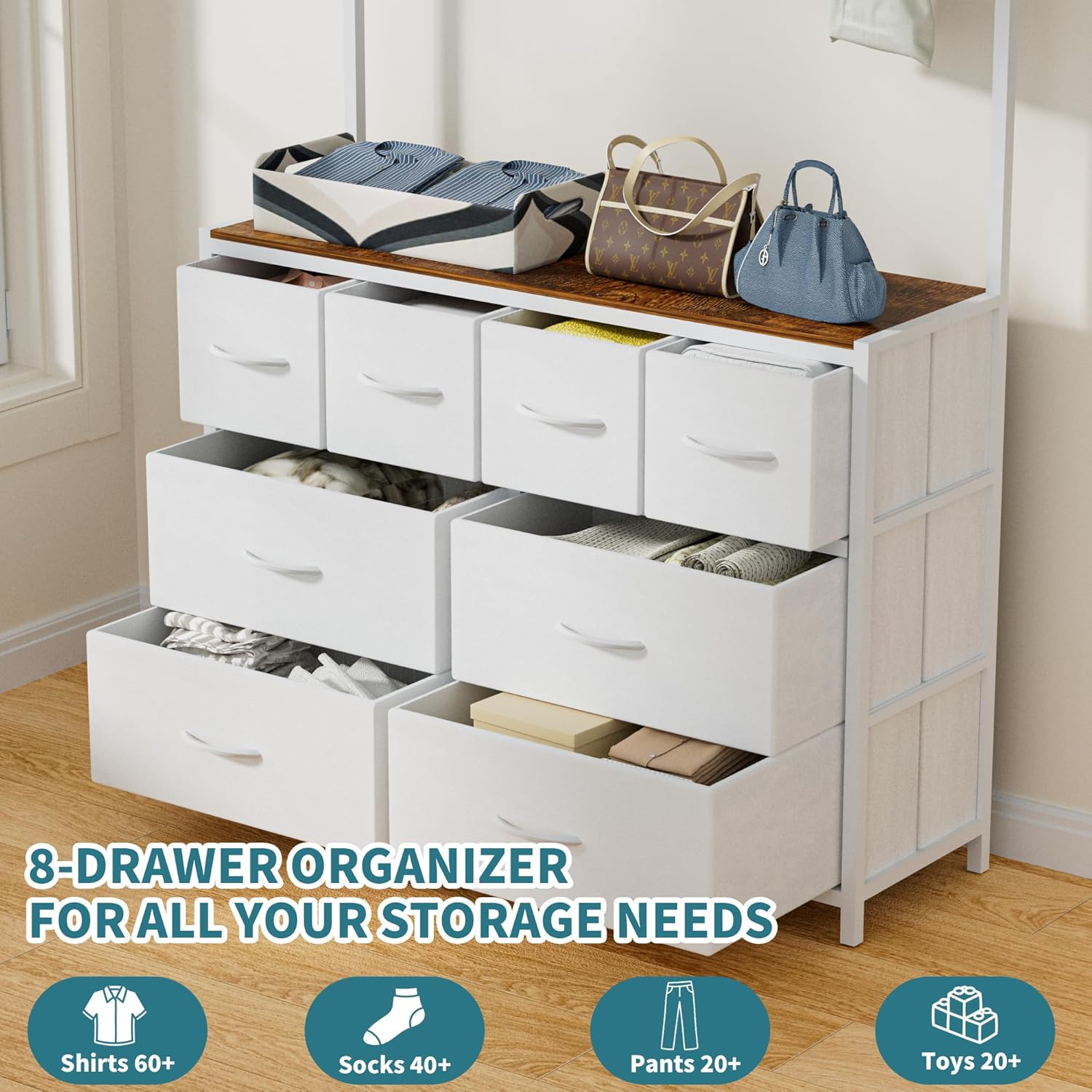 68.9 Inch Tall Fabric Dresser with 8 Drawers and 6 Hooks, Chest of Drawers for Bedroom, Clothes Storage Organizer Wardrobe for Closet, Space-Saving, Easy Assembly (White)