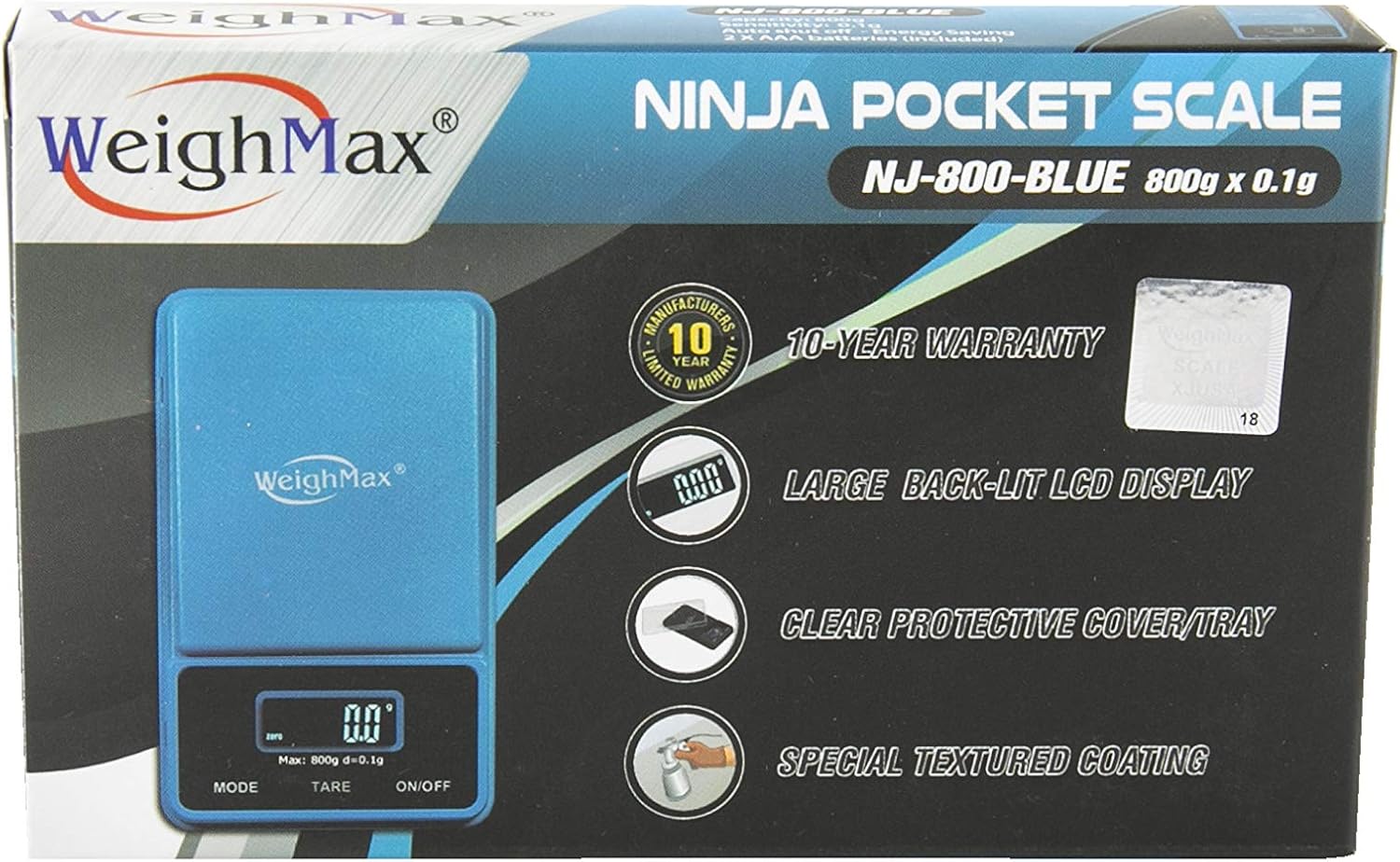 Weighmax NJ800 Ninja Pocket Scale packaging showing features