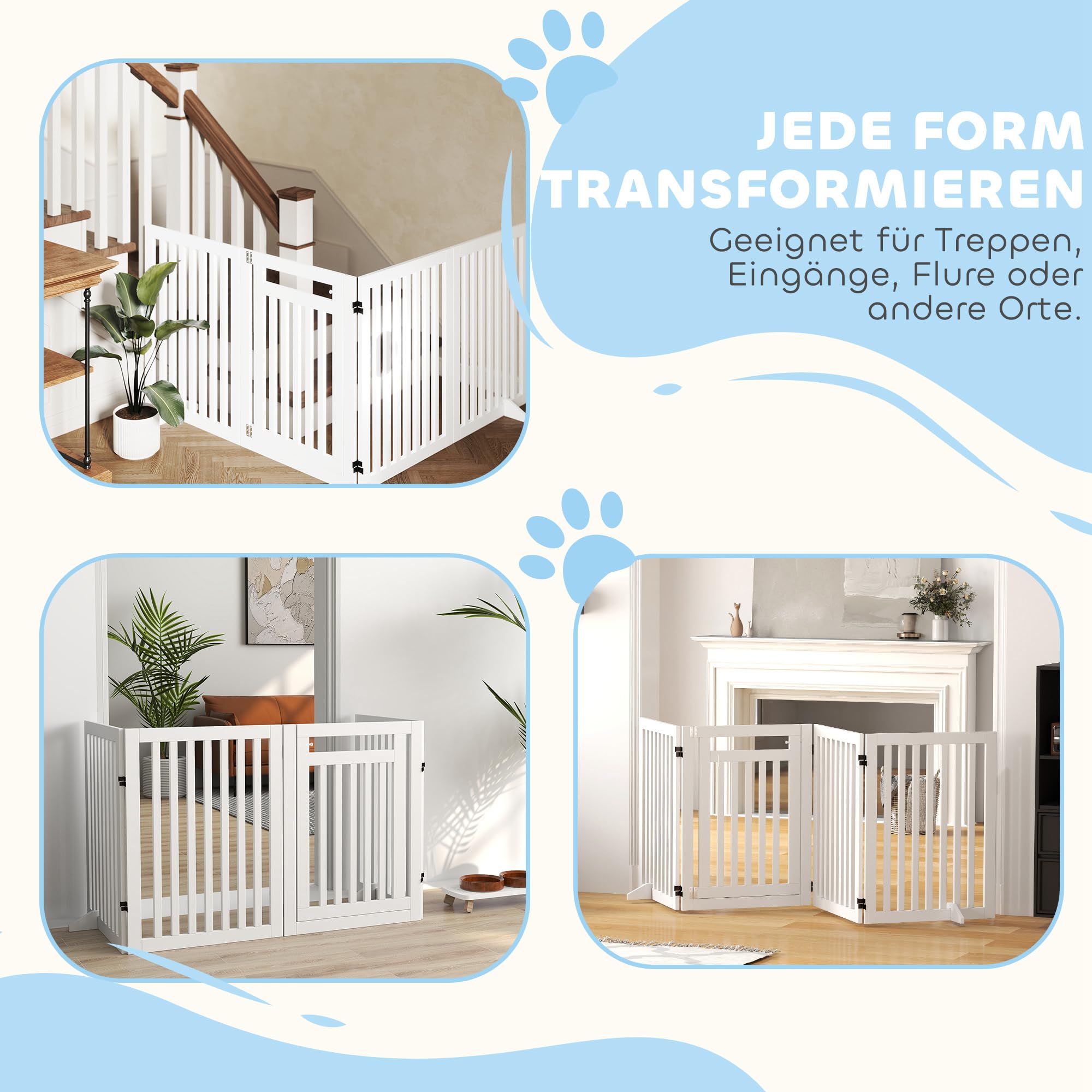 PawHut Freistehendes Treppengitter mit Füßen Holz 240 x 81 cm Weiß | Absperrgitter Hund, Hundegitter Schutzgitter, Treppenschutzgitter für Treppen Türen, Türschutzgitter Küche Flur, 4 Paneelen