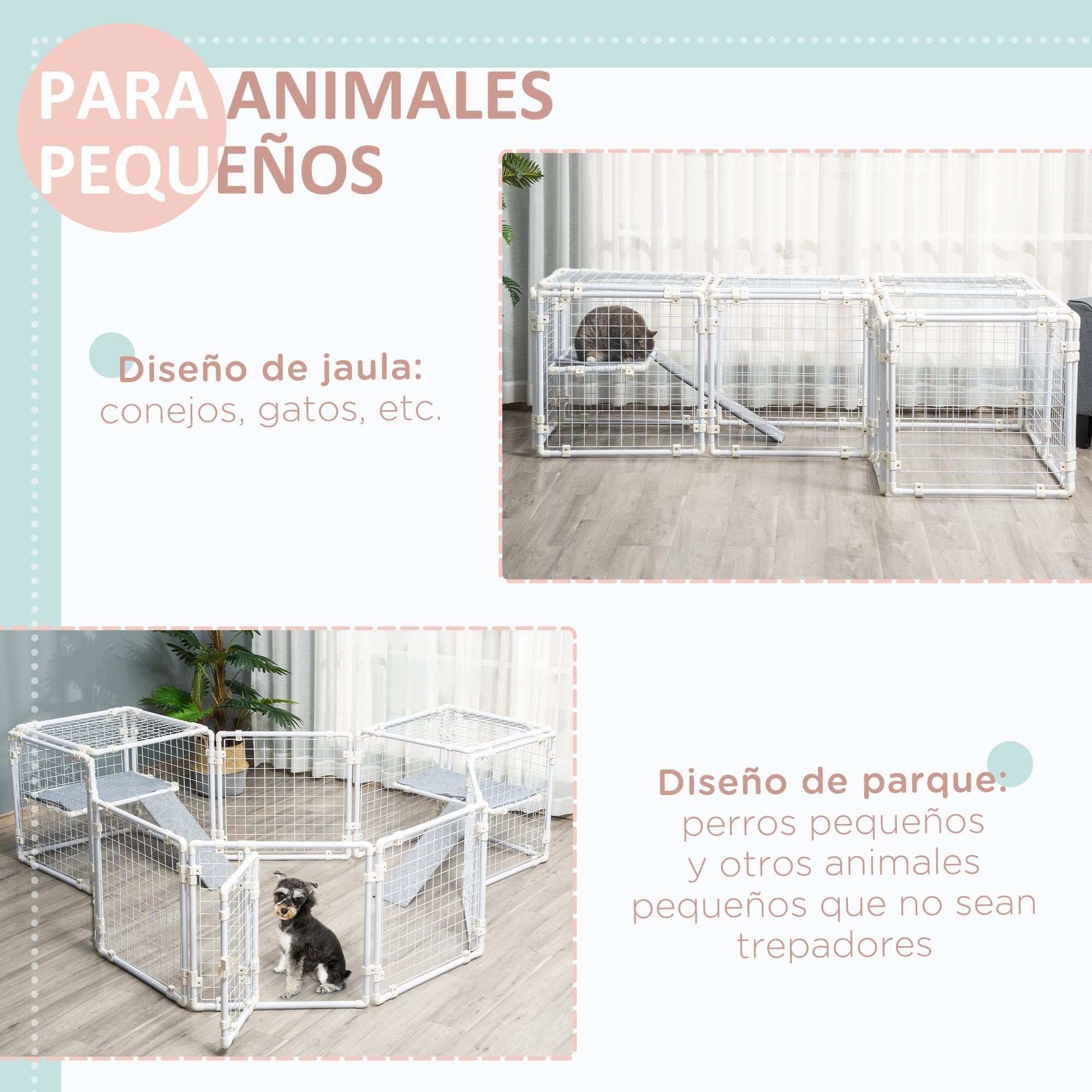 Pawhut Conejera Valla de Metal Corralito con Puerta Pestillo de 16 Paneles y Escalera para Gatos Cachorros Conejos DIY 68x68x2,5 cm Blanco