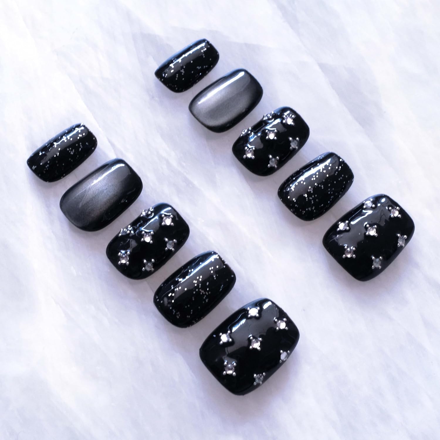 BlackStar - Handmade Press on Nails, Black Starry Sky with Cat Eye, Rhinestone Bling, Short Square Shape, 10PCS (Medium Size, SS)