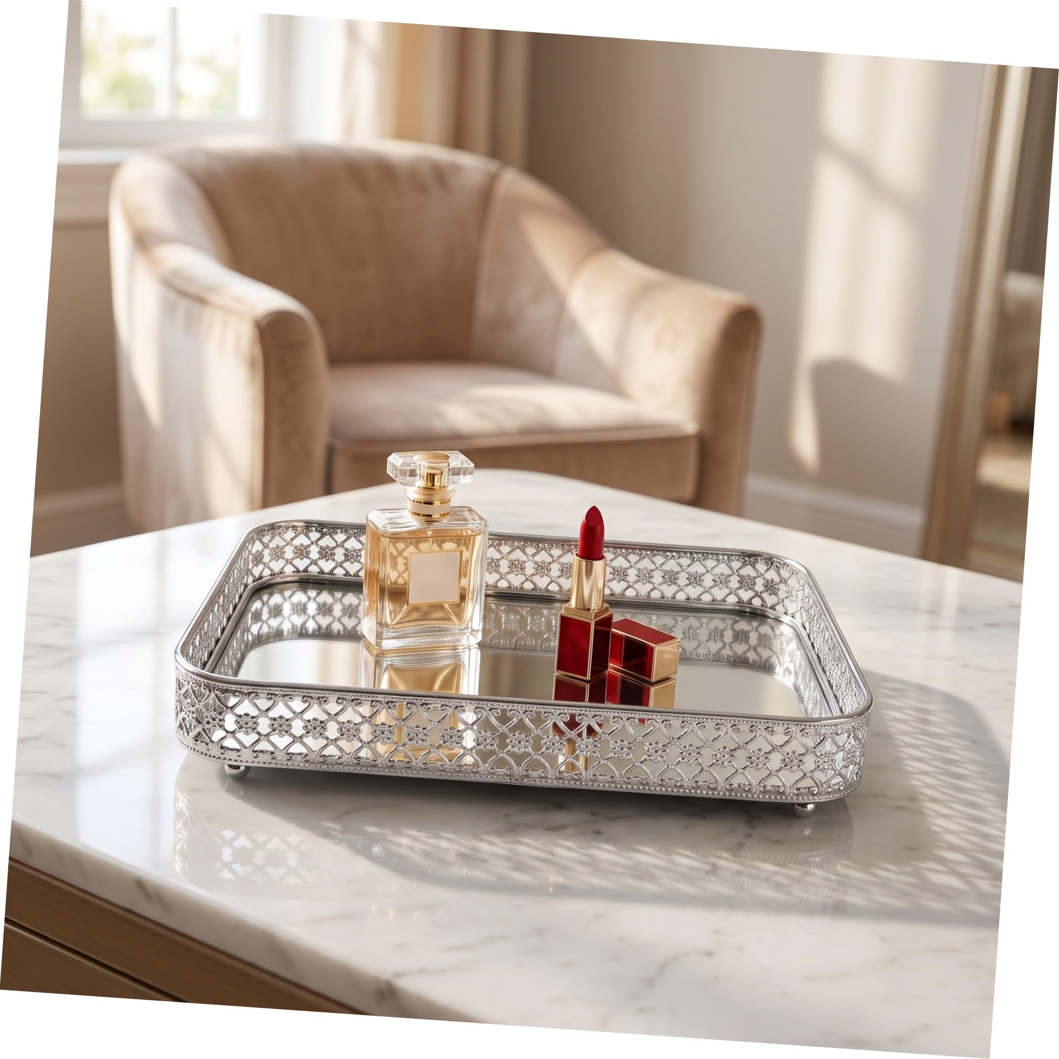 PRETYZOOM Bandeja Decorativa Rectangular Solución Versátil de Metal Superficie Espejo Plata, Fácil de Limpiar y Almacenamiento en Tocadores y Restaurantes