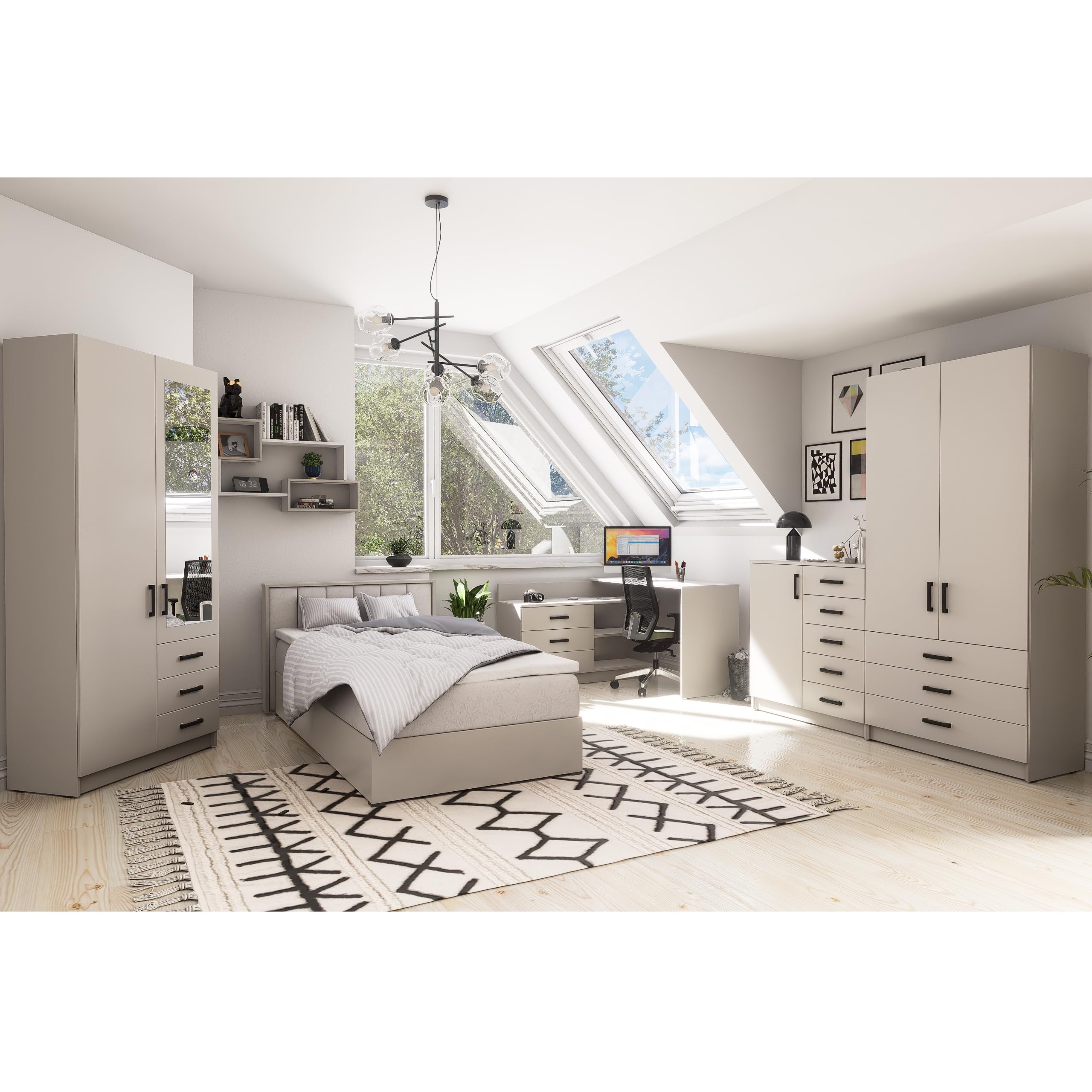 Kleiderschrank Sigma 90 cm breit mit 2 Drehtüren und 3 Schubladen Korpus in Kaschmir Schlafzimmerschrank Kinderzimmerschrank Systemschrank (Türen-Kaschmir, Schubladen-Kaschmir)