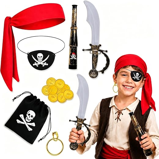 Orgoue 7PCS Captain Pirate Costume Accessories, Pirate Costume Women Men Kids Pirate Costume Set