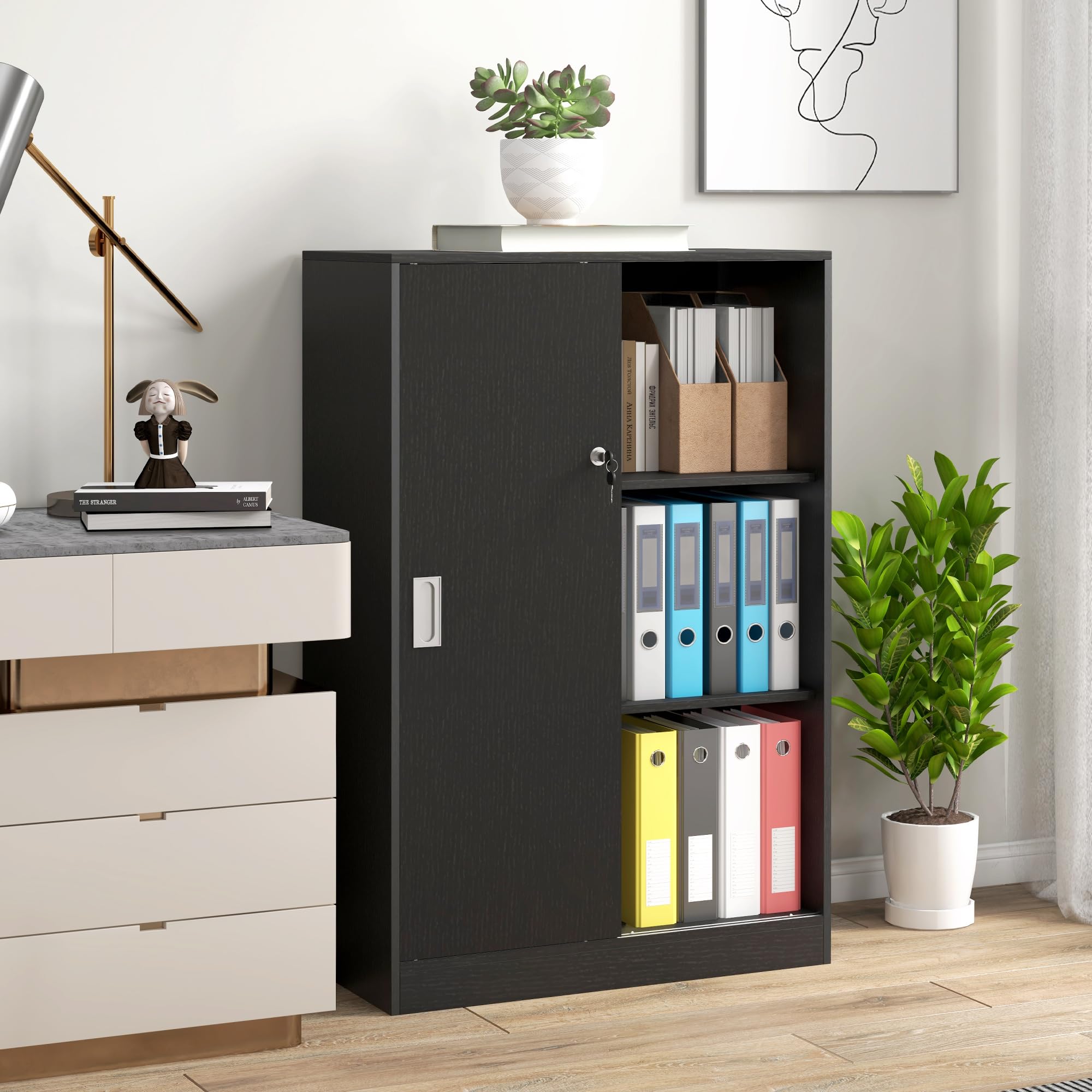 HOMCOM Armadietto da Ufficio a 3 Ripiani e ad Anta Doppia, Mobiletto Armadio da Ufficio in Legno, Mobiletto Multiuso con Chiusura e 2 Chiavi di Sicurezza per Studio, Garage e Soggiorno, Nero