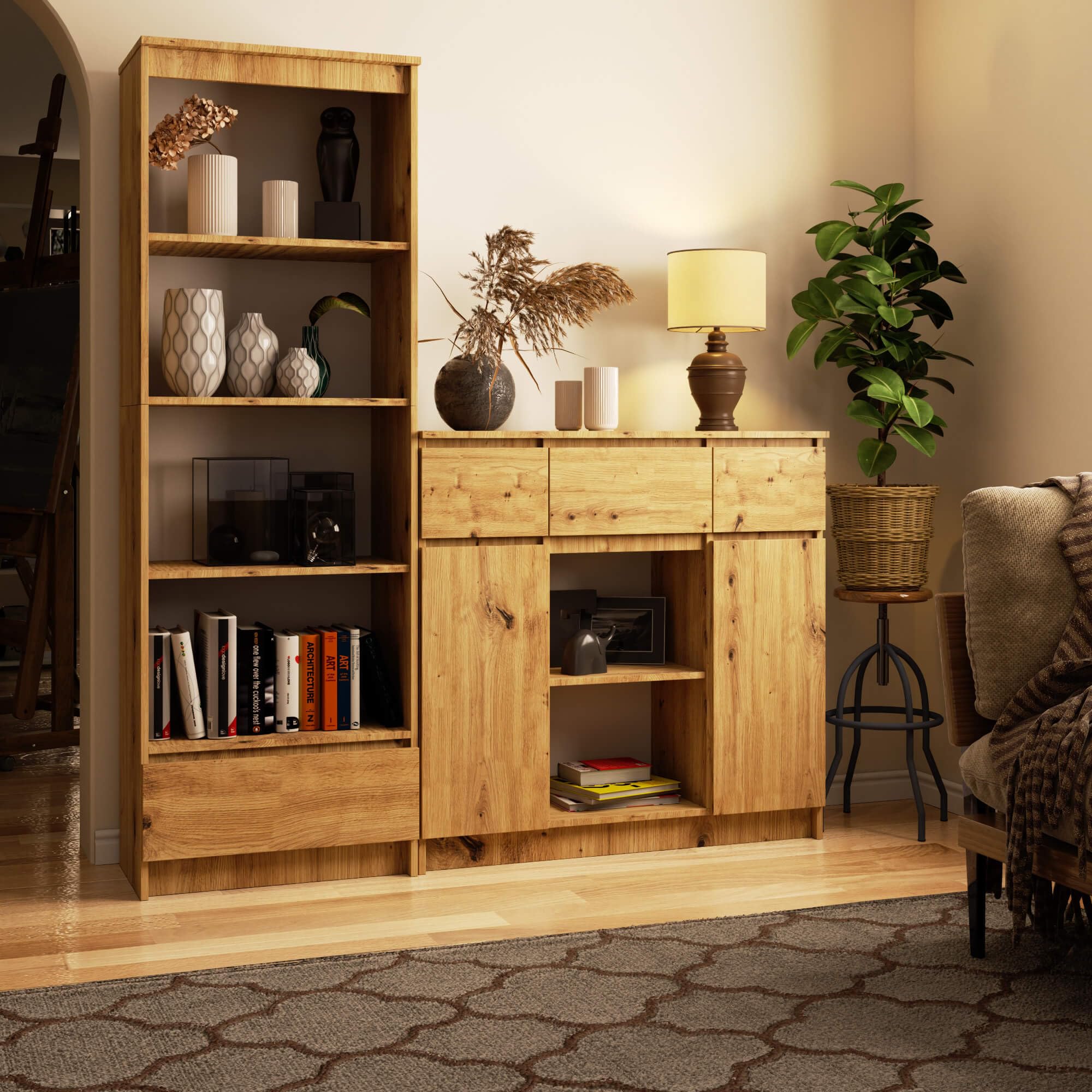 AKORD Kommode K100 mit 3 Schubladen, Schrank mit 2 Tür 6 Regalböden, Für das Wohnzimmer Schlafzimmer, Moderne, 16mm Laminierte Platte, B101xH98xT35 cm, Farbe Artisan-Eiche & Artisan-Eiche