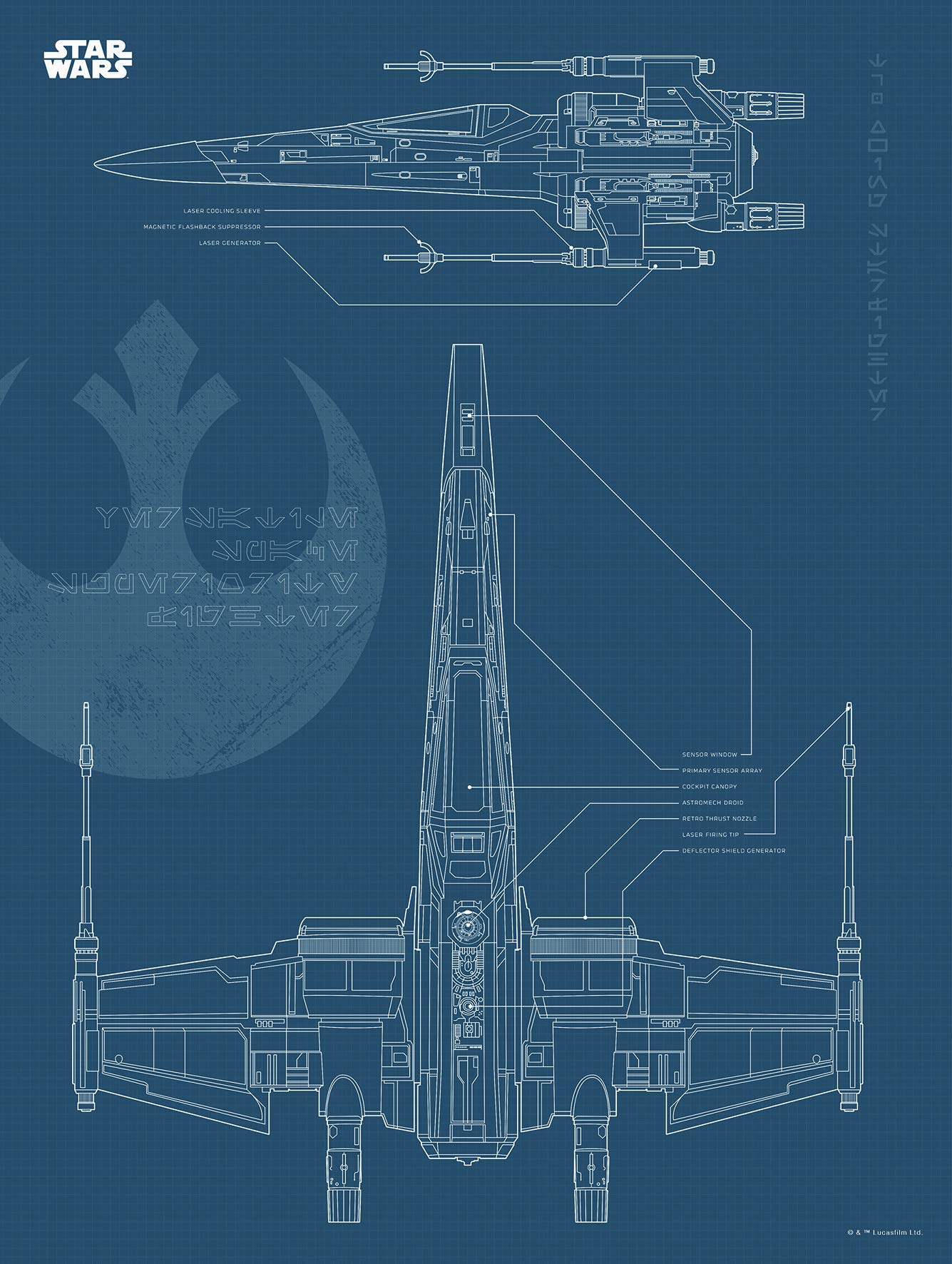 Komar Wall Picture | Star Wars Blueprint X-Wing | Children's Room Decoration Art Print | No Frame | WB179-30 x 40 cm | Size: 30 x 40 cm (Width x Height)