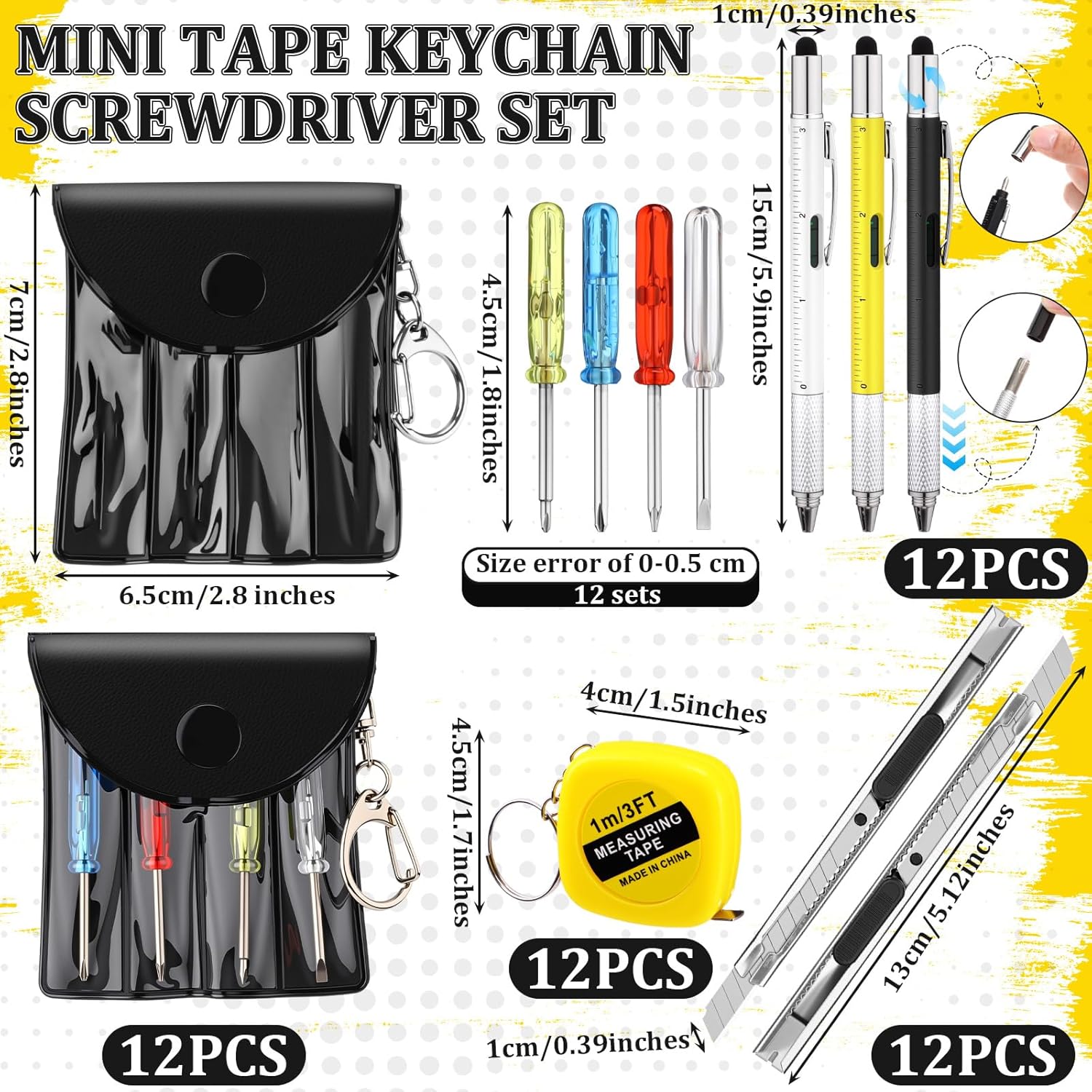 AmazingSpark 48 Pcs / 12 Set Men Gift Bulk Mini Screwdriver Keychain Tape Measures Multitool Pen Retractable Box Cutter Father Birthday Adult Party Favor
