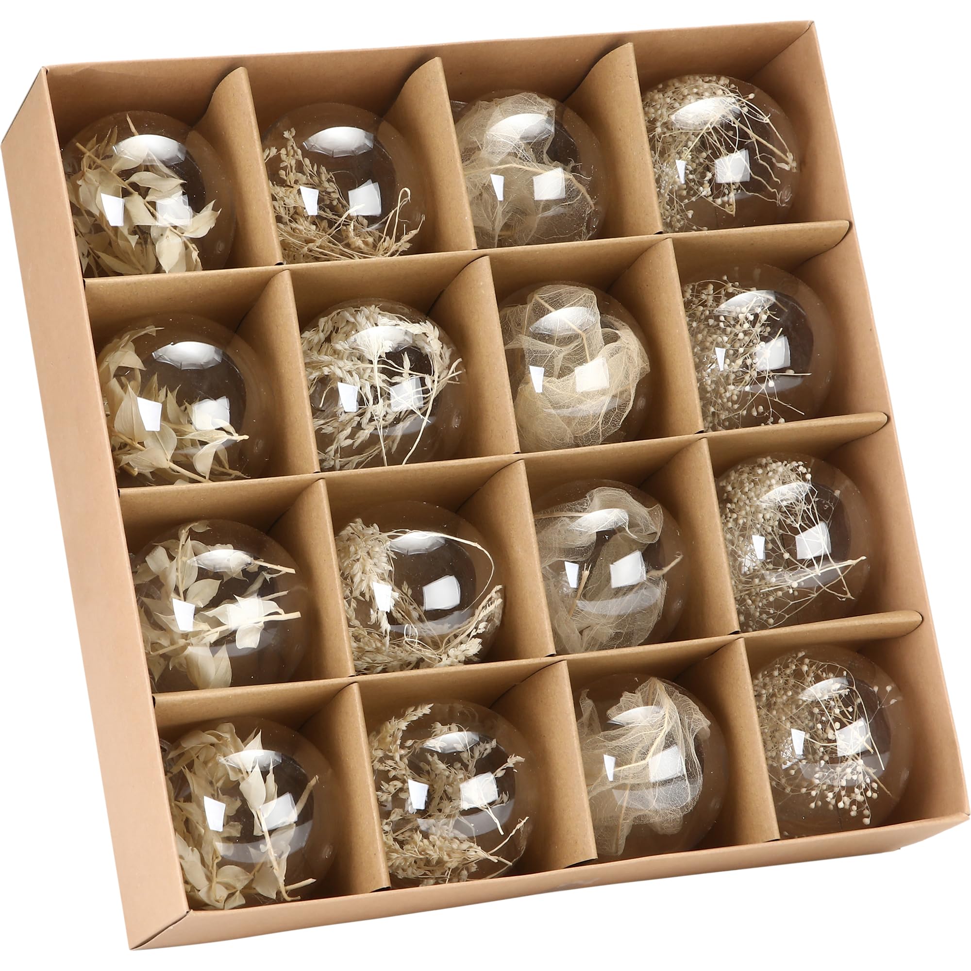Sea Team Confezione da 16 palline di Natale trasparenti con piante secche ripiene, decorazioni in plastica infrangibili per albero di Natale, ghirlanda, 60 mm/2,36 pollici, beige e bianco