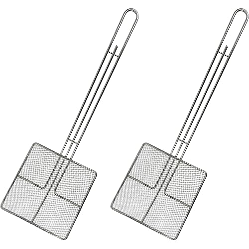 Wire Mesh Strainer with Long Handle | 2-Pack | 6.5" Square Frying Spoon | Cooking Oil Strainer for Deep Fryer & Professional Restaurant Use | Commercial Grease Skimmer