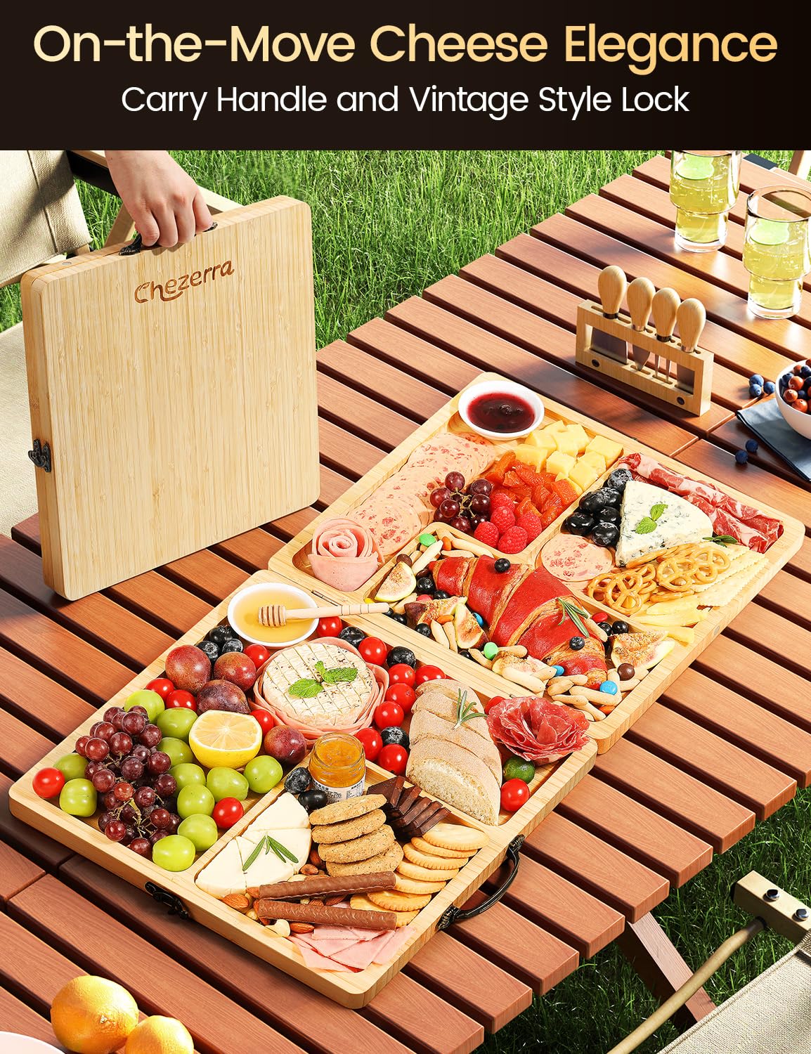 Charcuterie Boards Gift Set, Chezerra Bamboo Cheese Board Set, Folding Cheese Board with Knife Set, Unique White Elephant Gift, House Warming Gift, Wedding Gift, Portable Outdoor Cheese Plate