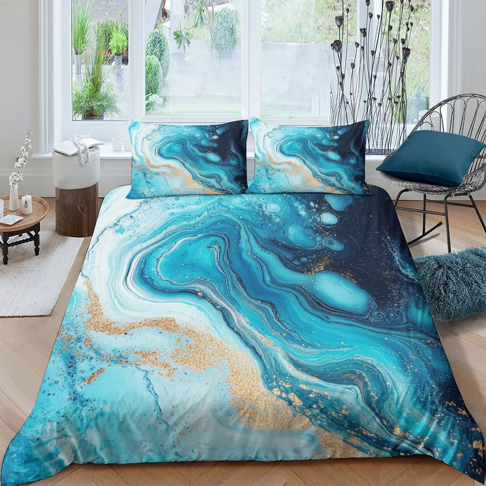 Ctjqhvkz Style-7 3D Printed Ocean Marble Fitted Sheet Microfiber Soft Blue Gold Abstract Mattress Cover For Bedroom Decor Single（135X200cm）