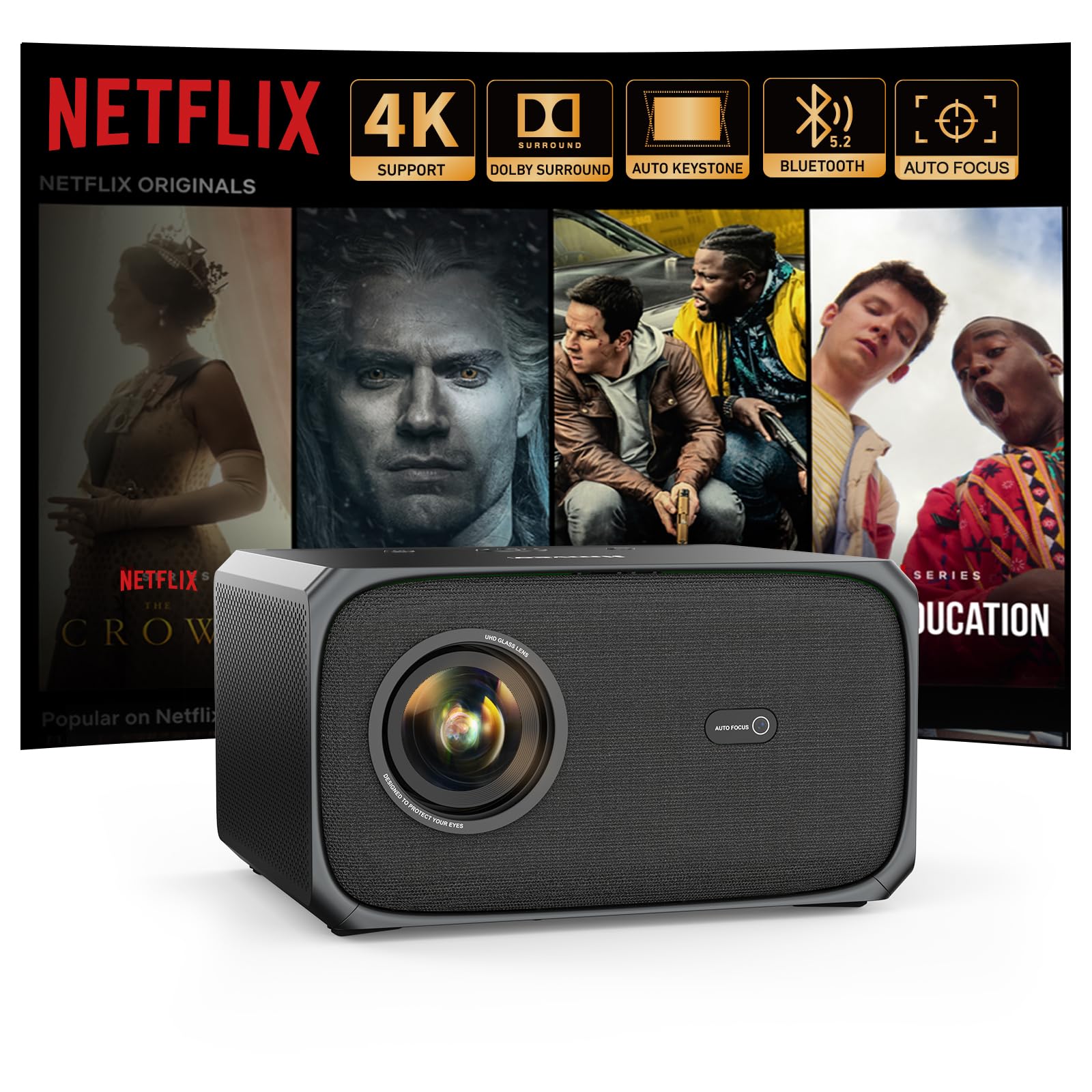 Beamer 4K Passend für Netflix Dolby Audio 35000L 1080P FHD Smart Beamer Heimkino, KI-Autofokus & Trapezkorrektur Jimveo Projektor mit Zwei-Wege Bluetooth WiFi6 Outdoor 300" Display Video Projektor