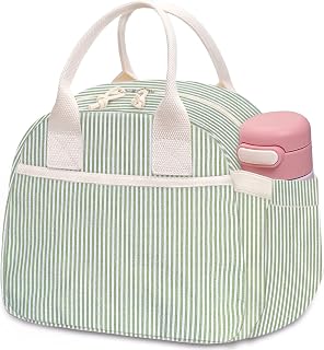 Carry bloom Lunch Box for Women, Insulated Lunch Bag Cute Corduroy Lunchbag | Reusable Lunchbox for Work (1 green white stripes)