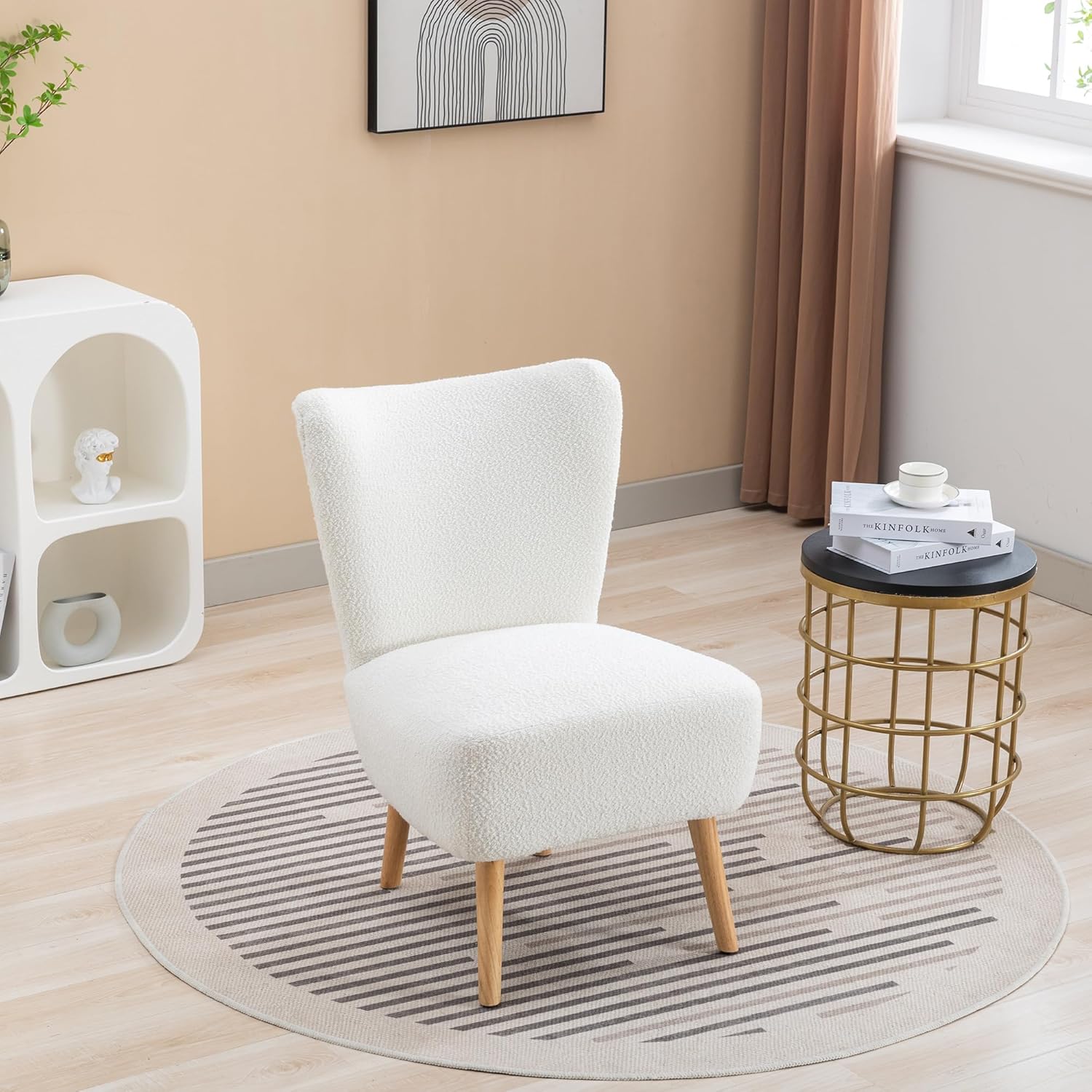 Living Room Chairs, Armless Accent Chair with Rubber Wooden Legs Modern Upholstered Corner Side Chair for Living Room, Bedroom, Office, Hotel Ivory As Shown