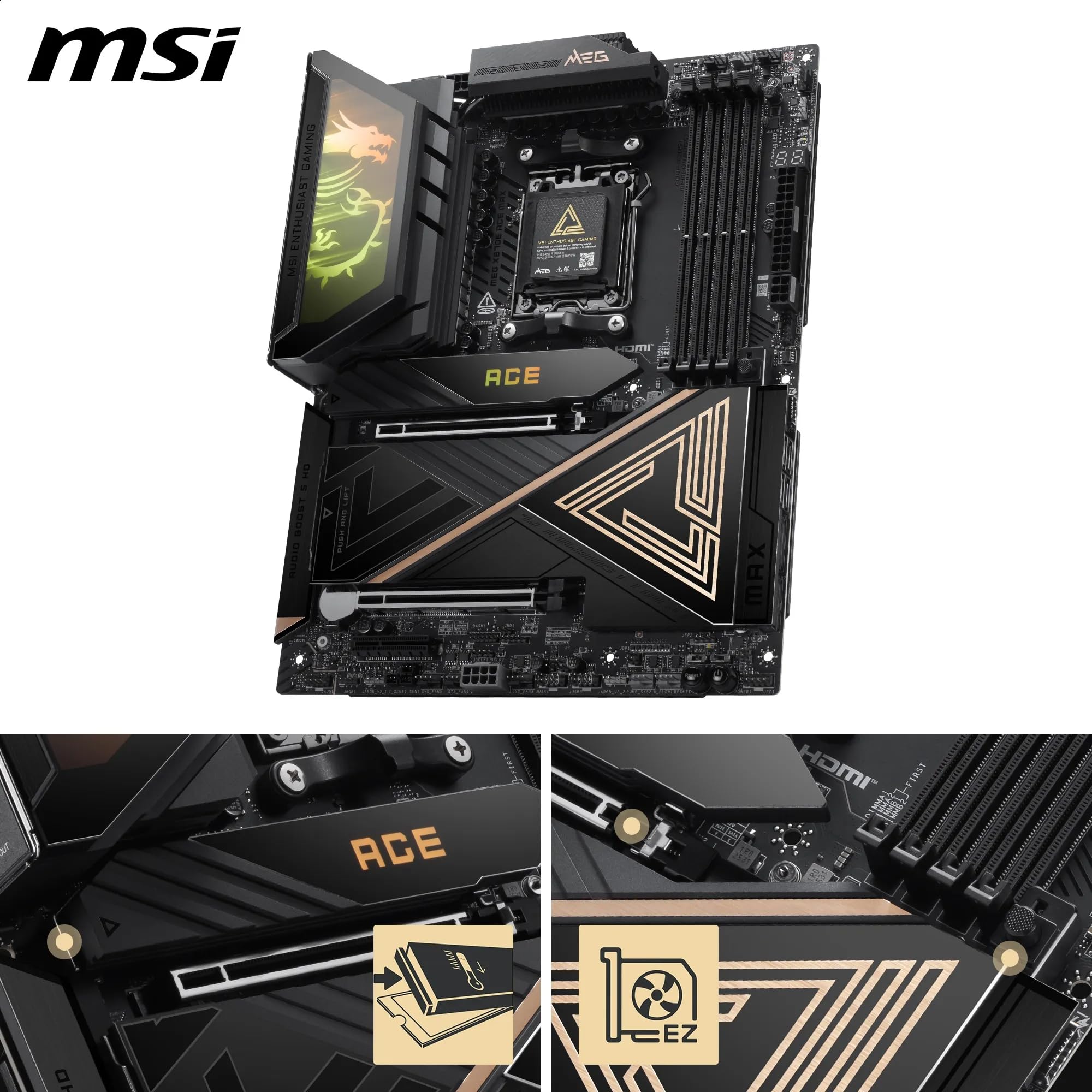MSI Płyta główna Meg X870E Ace MAX, ATX. Obsługuje procesory AMD Ryzen 9000/8000/7000, AM5-64MB BIOS ROM, 110A SPS VRM, pamięć DDR5 (do 9000+ MT/s OC), M.2 i PCIe 5.0, USB4, Wi-Fi 7, 10G LAN