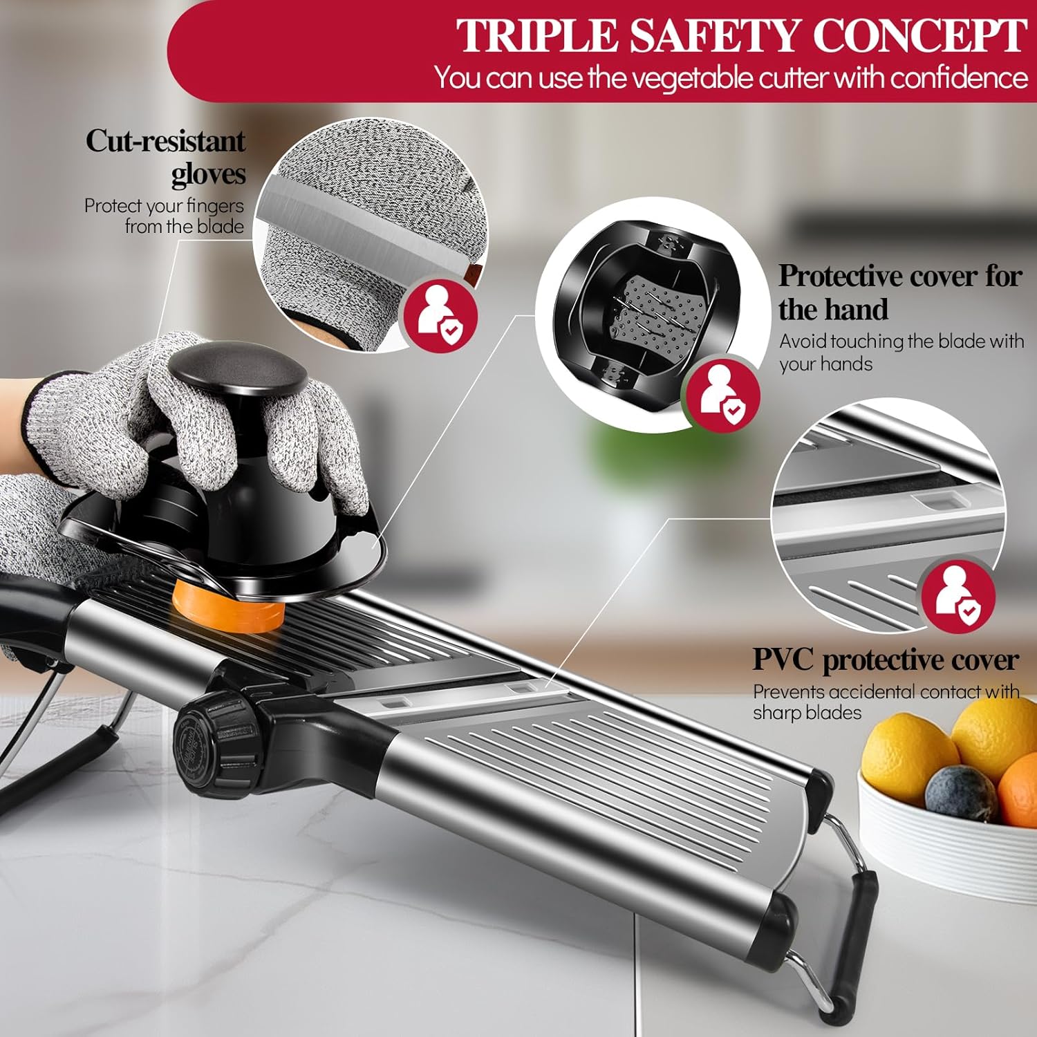 Masthome Mandoline Food Slicer Adjustable Thickness for Cheese Fruits Vegetables Stainless Steel Food Cutter Slicer Dicer with Extra Brush and Blade Guard for Kitchen