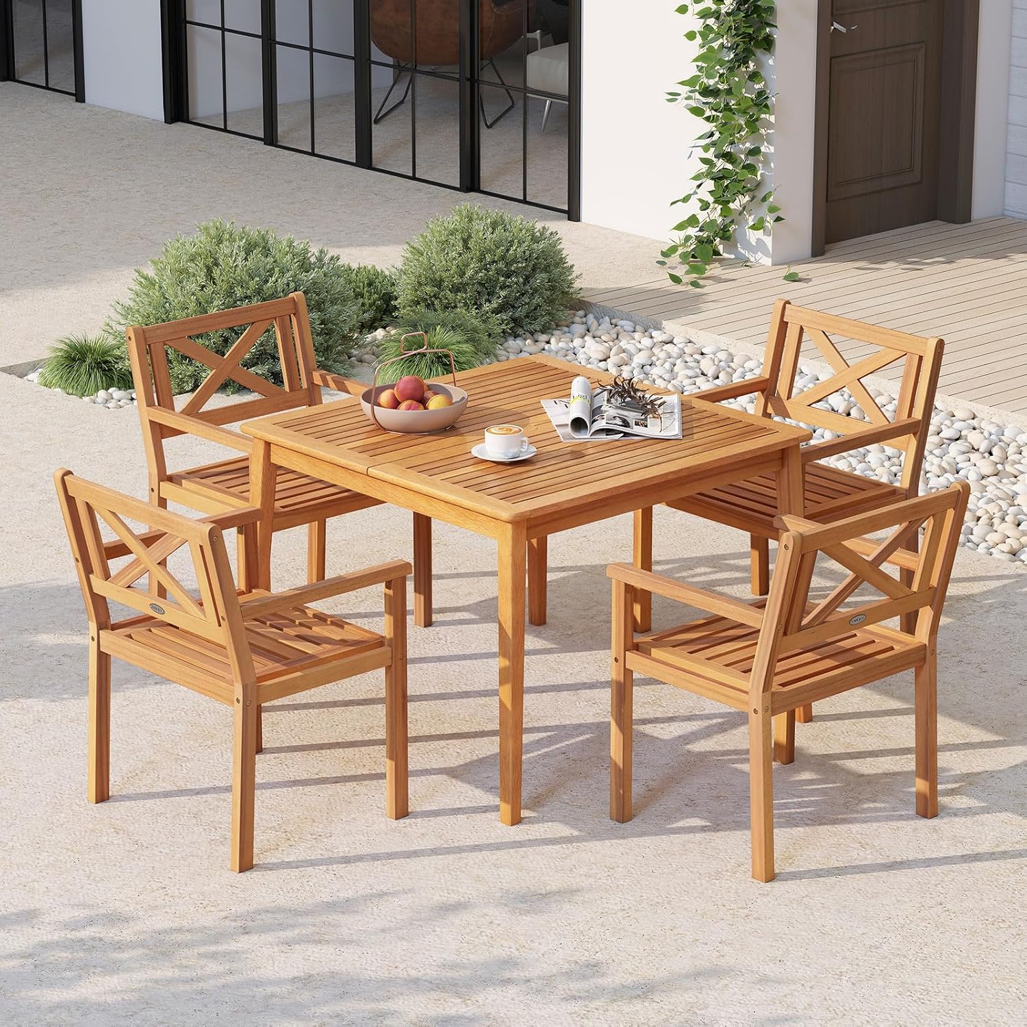 Tangkula Acacia Wood Patio Dining Chairs Set of 4, Outdoor Dining Chairs with 400 lbs Capacity, Heavy-Duty Wooden Armchairs for Porch, Deck, Backyard & Balcony, Teak Finish (4)