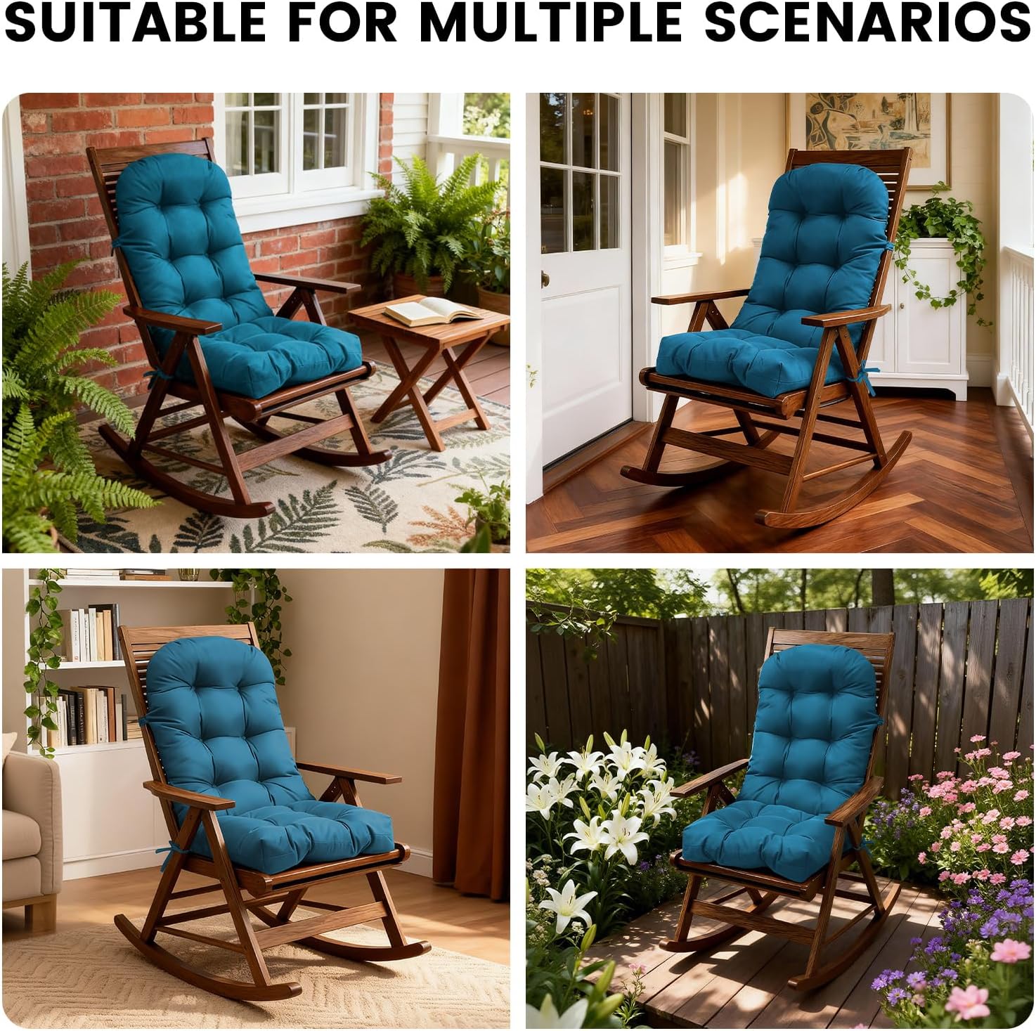 Rocking Chair Cushion, Waterproof Patio Chair Cushions with Ties, Back Pads for Indoor/Outdoor Furniture, High-Back Adirondack & Glider Chair Replacement Cushions,Peacock-Blue
