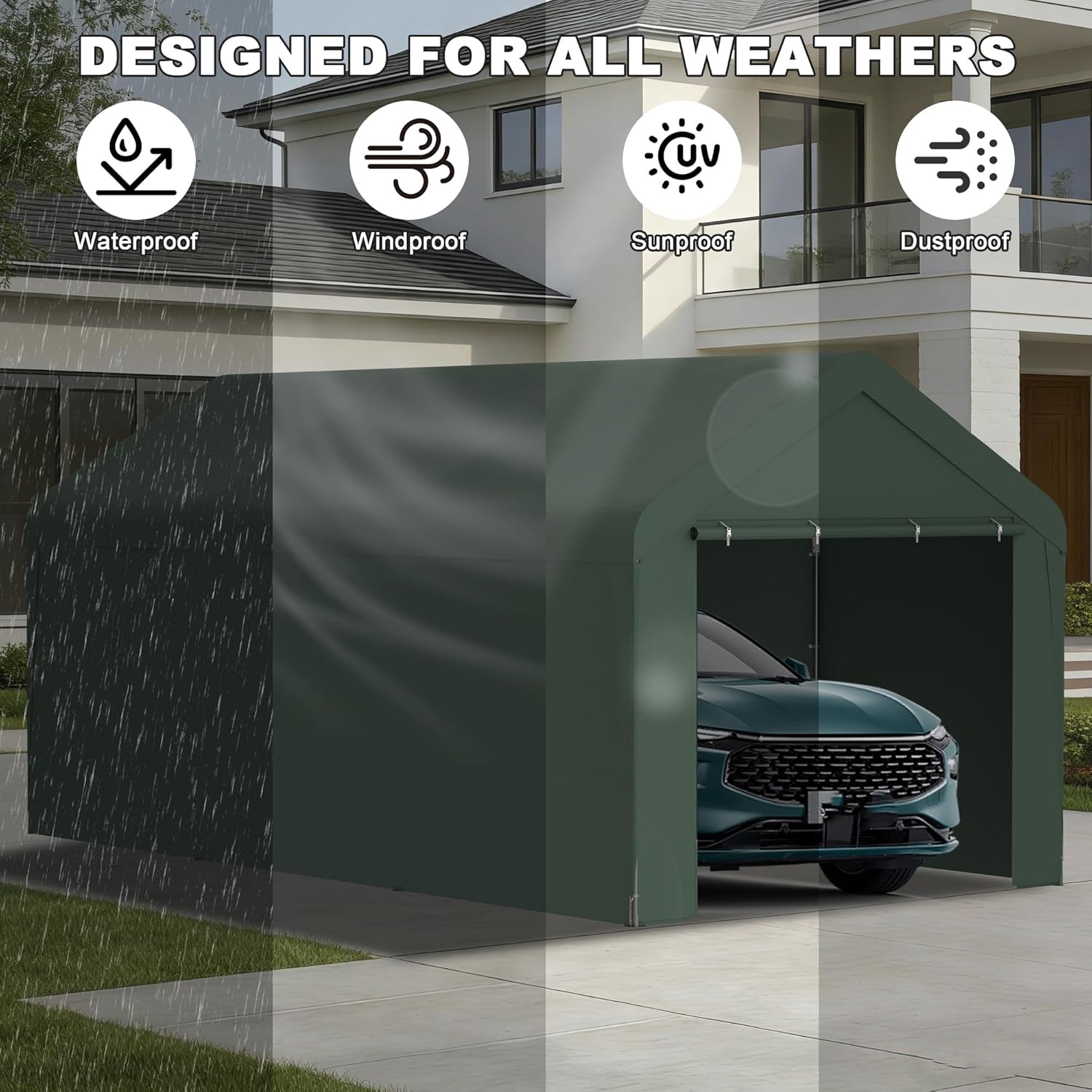 Carport 10 x 20 FT Heavy Duty, Portable Garage Canopy, Waterproof Car Canopy with Side-Opening Removable Door, Carport Canopy for Car, Truck, Boat, Equipment (Green)