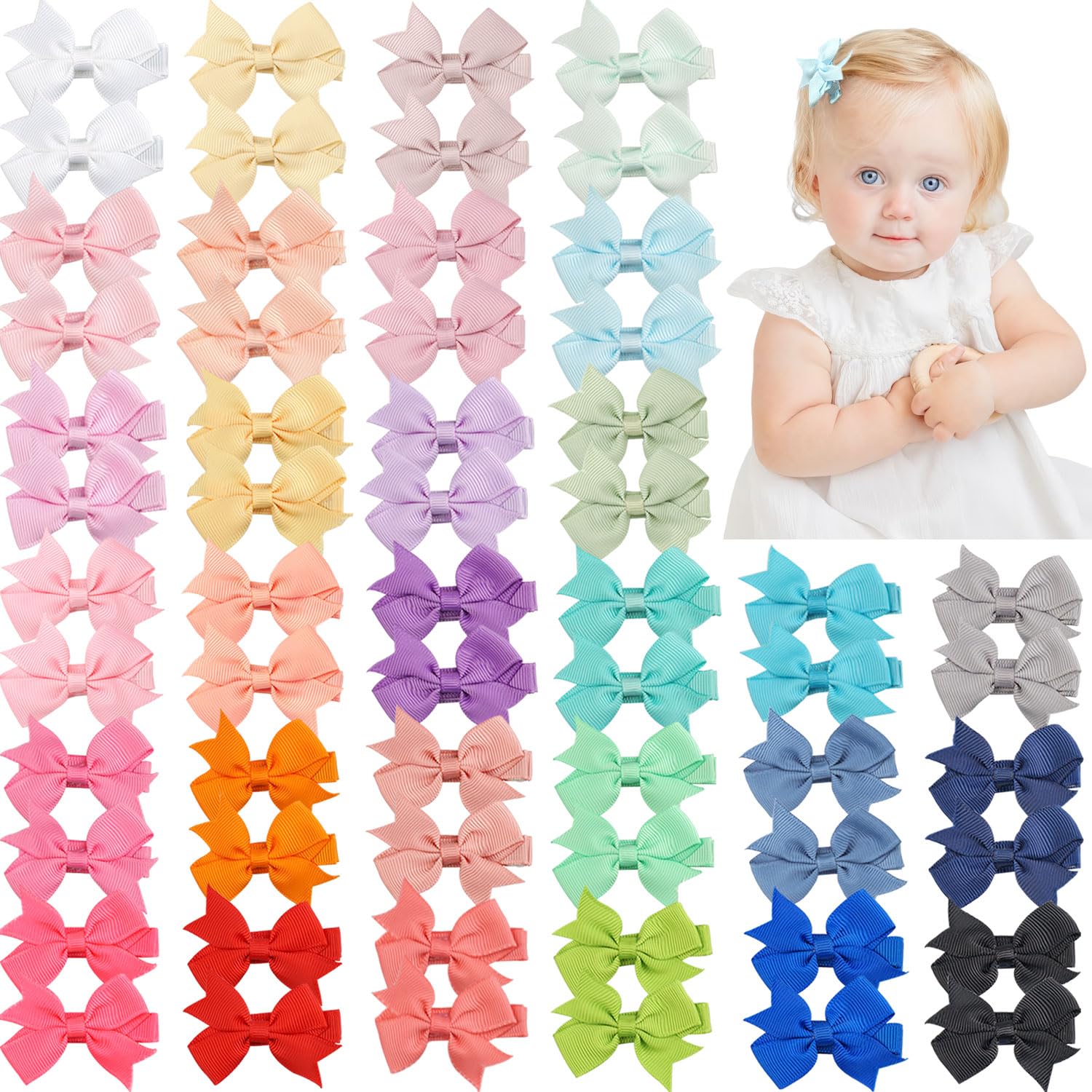 CÉLLOT Hair Clips for Baby Girls - 60 Tiny 2" Fully Covered Bows Barrettes for Infants and Toddlers