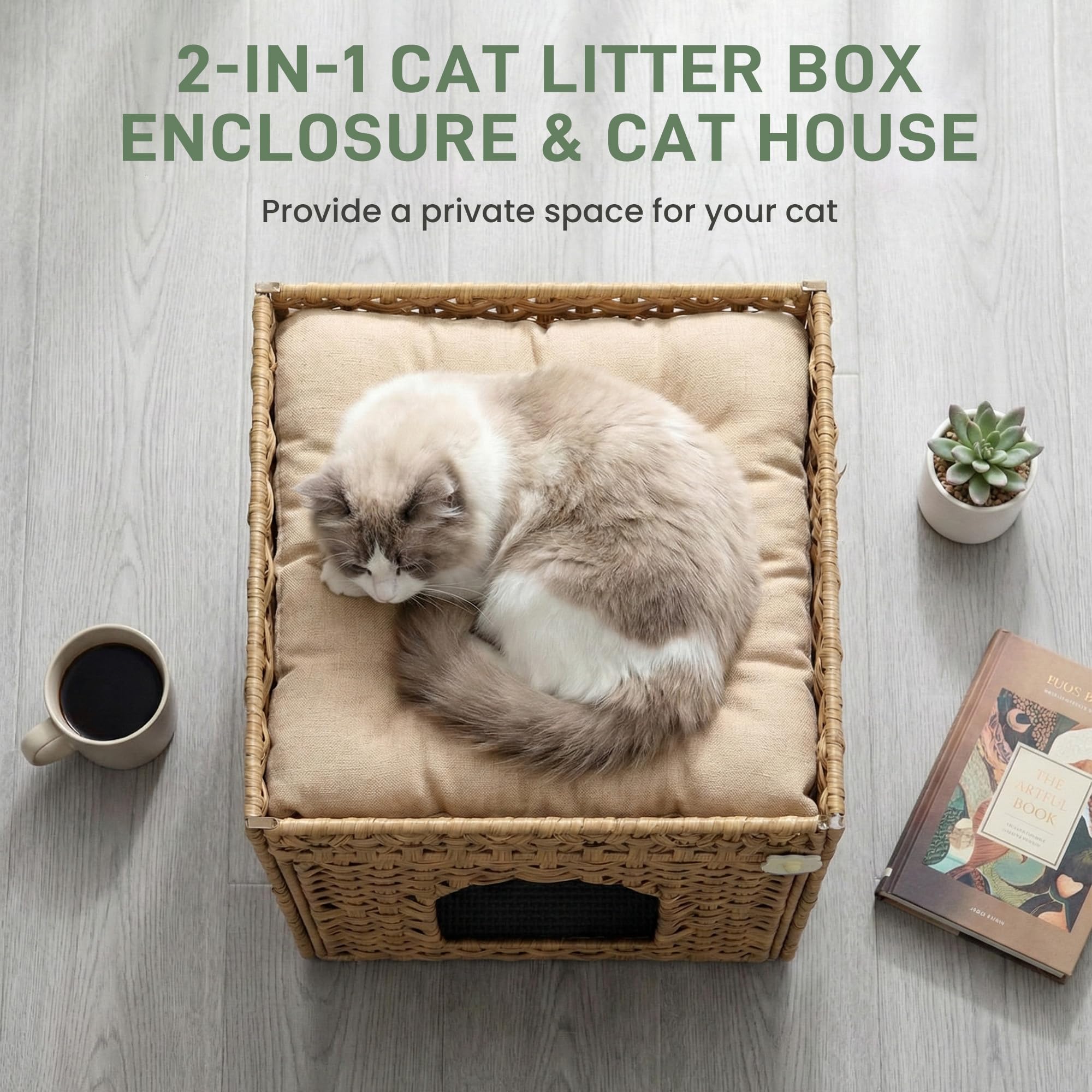 Cat Litter Box Furniture, Rattan Litter Box Enclosure Cabinet for Indoor Cats, Ventilated Covered Litter Box House, Decorative Litter Box Hider with Mat - image 2