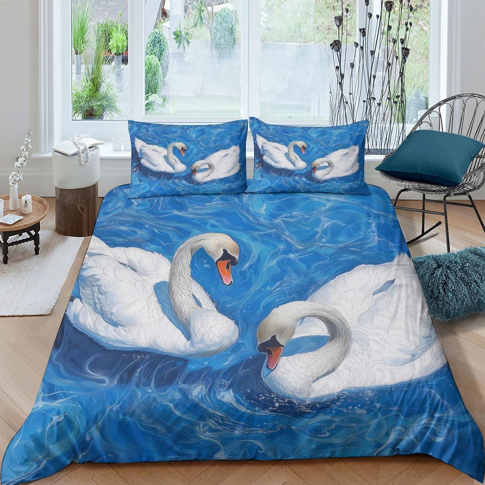 TUFRTGYHN 3D Printed Swan Lake Duvet Cover Microfiber Soft Breathable Water Reflection Bedding Set with 2 Pillowcases for Bedroom Decor Single（135x200cm）